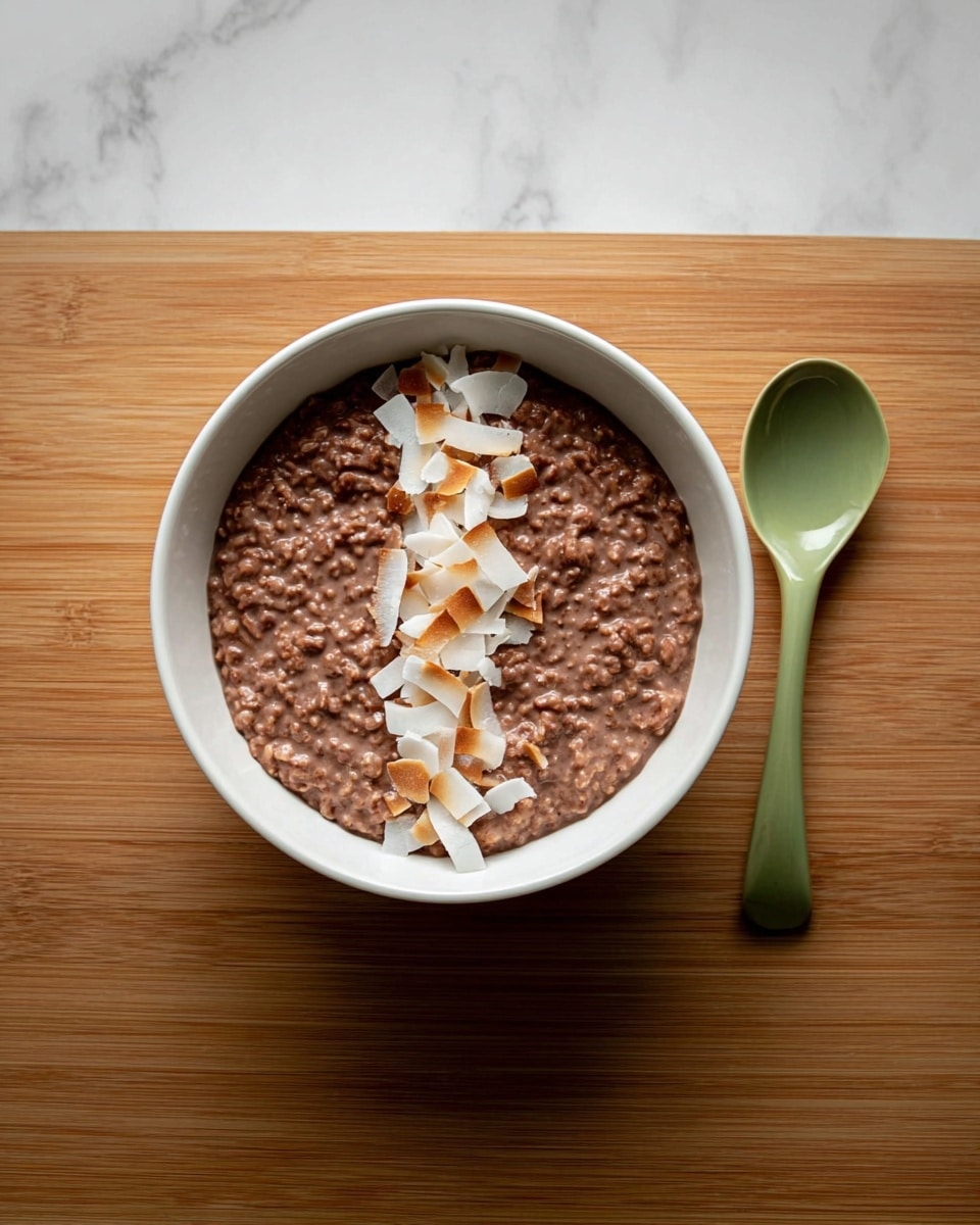 A white bowl sits on a white marbled surface filled with one thick layer of creamy chocolate oatmeal, with the texture showing visible oats. On top, a neat row of toasted coconut flakes is placed in the middle, adding a light cream and golden-brown color contrast. To the right of the bowl lies a glossy green ceramic spoon. photo taken with an iphone --ar 4:5 --v 7