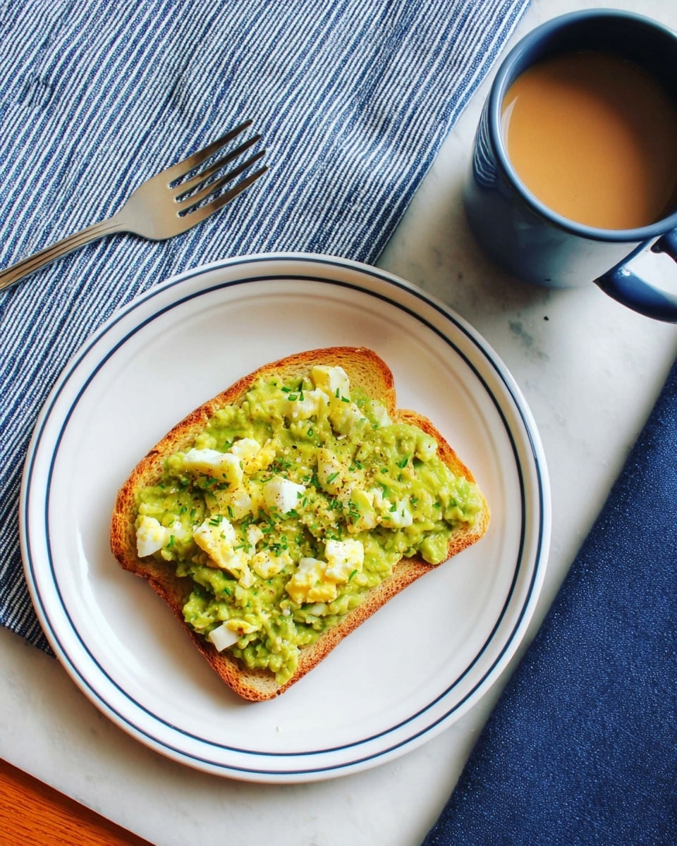 A single slice of toasted bread with a light golden-brown color serves as the base layer, topped with a chunky spread of mashed avocado mixed with small pieces of white boiled egg, giving it a green and white speckled texture, garnished with thin slices of fresh green herbs. The toast is placed on a white plate with a thin blue line near the edge, set on a white marbled surface with a blue striped cloth underneath. To the right, there is a white mug with dark blue on the outside, filled with coffee that has light brown cream swirling on top. A silver fork rests on a neatly folded light blue striped napkin to the left of the plate. Photo taken with an iphone --ar 4:5 --v 7
