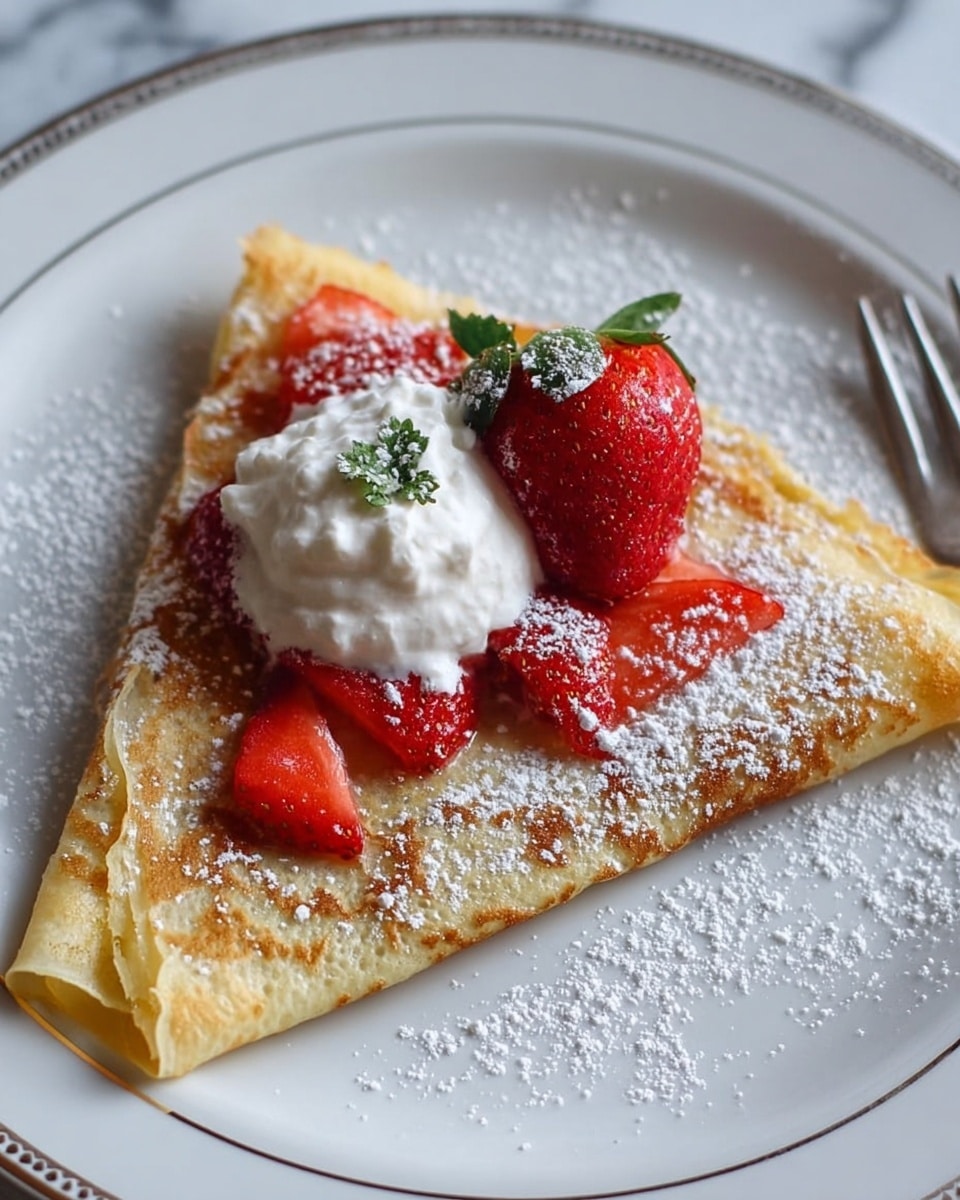 A crepe folded into a triangle is placed on a white plate with a thin dark rim, resting on a white marbled surface; the crepe is golden brown with a soft and slightly textured surface. On top, there are bright red sliced strawberries arranged under and around a dollop of fluffy white whipped cream, which is topped with a whole strawberry with its green leaves visible. The crepe and toppings are dusted with fine white powdered sugar that lightly spreads over the plate edges. Photo taken with an iphone --ar 4:5 --v 7