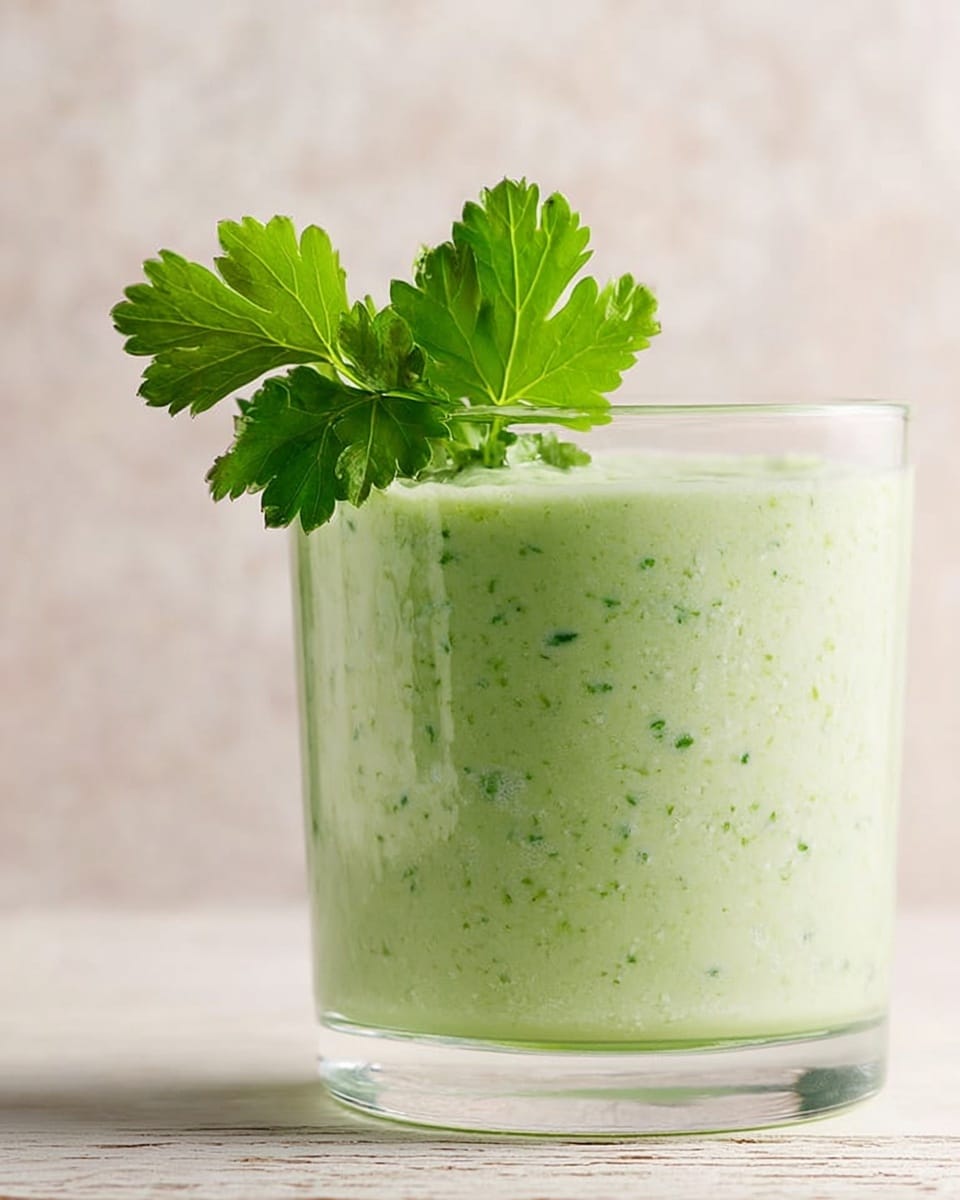 A clear glass filled almost to the top with a creamy light green drink that has tiny green flecks throughout, giving it a fresh and smooth texture. On top, two bright green sprigs of parsley rest gently as decoration. The background shows a white marbled texture. photo taken with an iphone --ar 4:5 --v 7