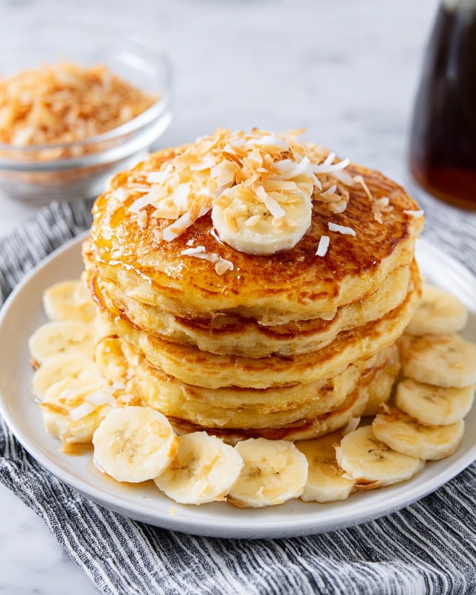 A tall stack of six golden brown pancakes sits at the center of a white plate on a white marbled texture surface with a gray and white striped cloth partially under the plate; the pancakes are thick and fluffy with a slightly crispy edge. On top of the stack, there are a few thin slices of banana and sprinkled toasted coconut flakes. Around the base of the stack, more banana slices fan out neatly. A light drizzle of syrup glistens on the top and trickles slightly down the sides of the pancakes. In the background, a clear glass bowl filled with toasted coconut flakes and a dark syrup bottle add context without drawing attention away from the pancakes. Photo taken with an iphone --ar 4:5 --v 7