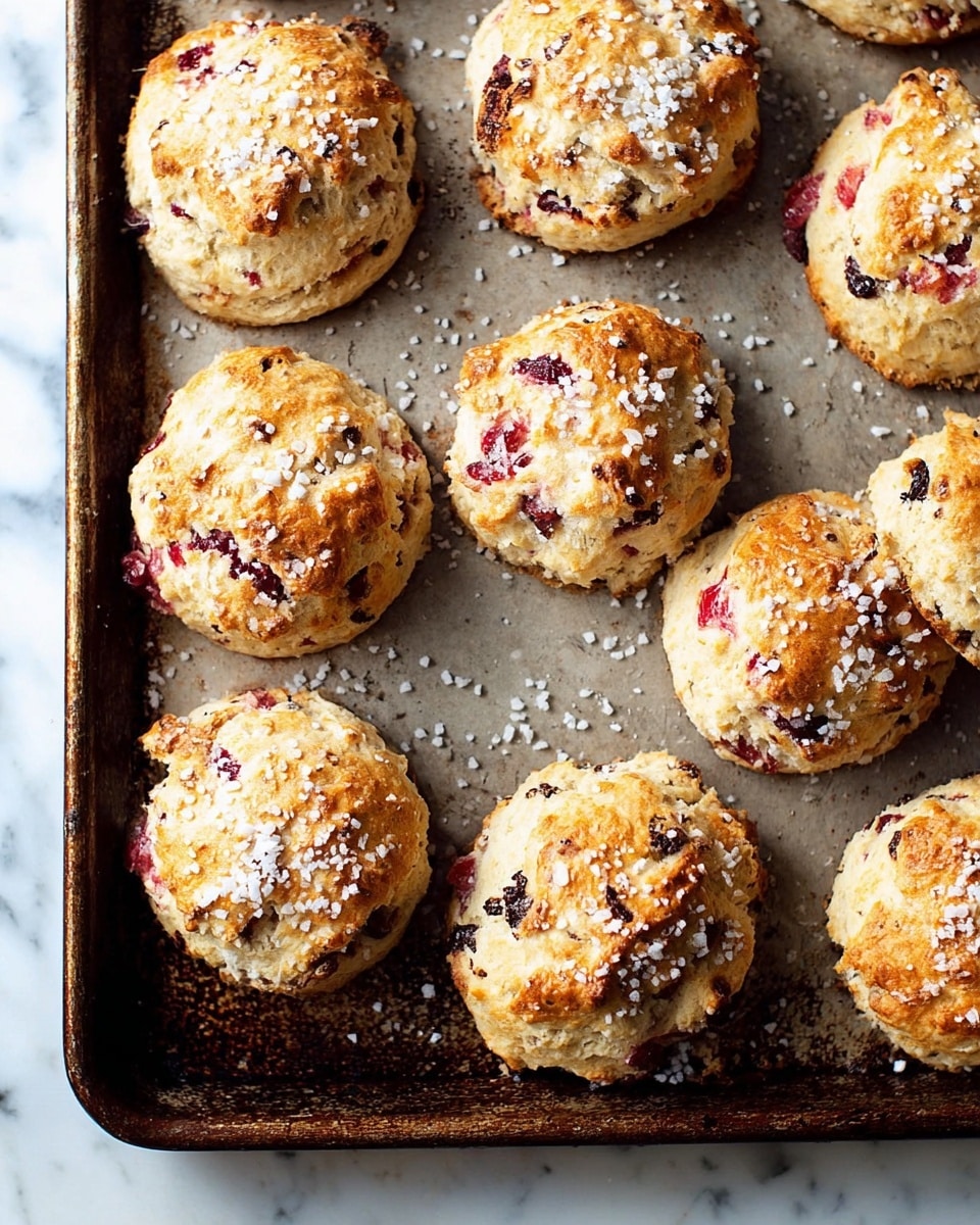 The image shows a baking tray filled with freshly baked round scones, each about one layer thick. The tops are golden brown with a rough, slightly cracked texture, dotted with small pieces of red fruit mixed into the dough and sprinkled generously with coarse white sugar crystals, giving a sparkling effect. The edges of the scones are slightly darker, showing a crispy finish, contrasting with the softer interior hints visible through the cracks. The tray sits on a white marbled texture, and the overall look is warm and inviting. photo taken with an iphone --ar 4:5 --v 7