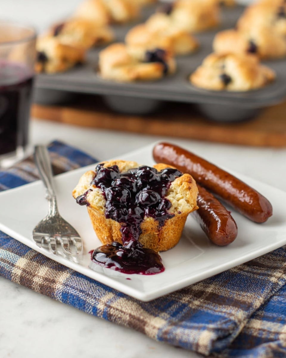 A white square plate holds a piece of golden-brown muffin topped with dark purple blueberry sauce, which drips down the sides onto the plate, next to two browned sausages with a shiny surface. A silver fork rests diagonally on the plate with its handle on a folded, checkered cloth in blue, brown, and white tones. In the background on a white marbled surface, there is a metal muffin tray with more muffins and a small white bowl filled with additional blueberry sauce. Photo taken with an iphone --ar 4:5 --v 7