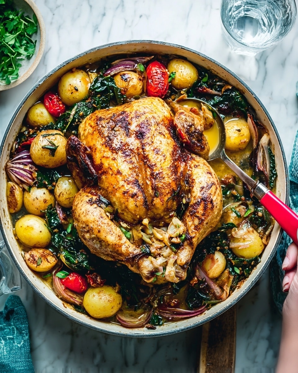 A roasted whole chicken with a golden brown, slightly charred skin sits in the center of a large brown pan. Around the chicken, there are small whole potatoes with a light yellow color, wilted dark green spinach leaves, red onion slices, and chunks of roasted tomato, all mixed together. A bright red serving spoon is placed inside the pan. The pan rests on a blue cloth on a white marbled surface. A clear glass of water is nearby along with a small white bowl filled with fresh green herbs. Photo taken with an iphone --ar 4:5 --v 7