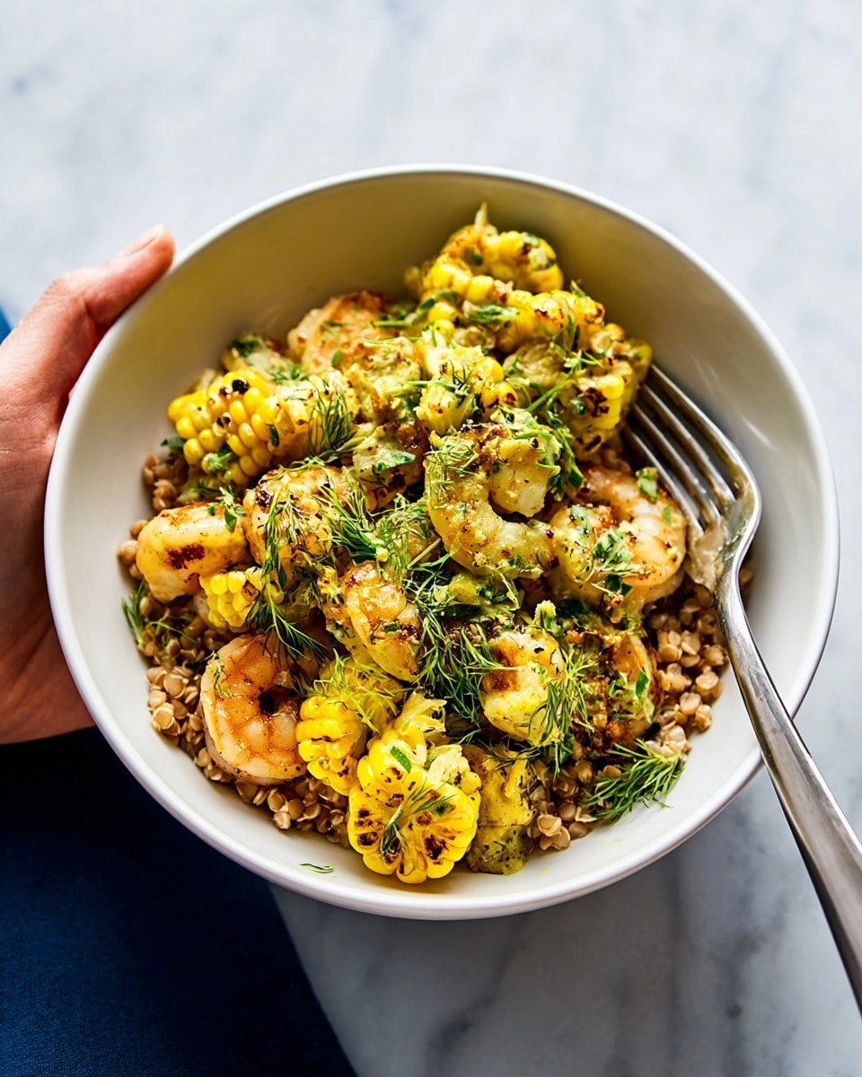 A white bowl filled with a layered dish starting with a base of small, light brown grains or seeds, topped with bright yellow slices of cooked corn that have a slightly charred texture. Above the corn, there are greenish-yellow pieces of what looks like shrimp or small seafood, covered lightly with fresh green herbs. The bowl is held by a woman's hand from below, and a metal fork is inserted into the food on one side. The background and surface are a white marbled texture. Photo taken with an iphone --ar 4:5 --v 7