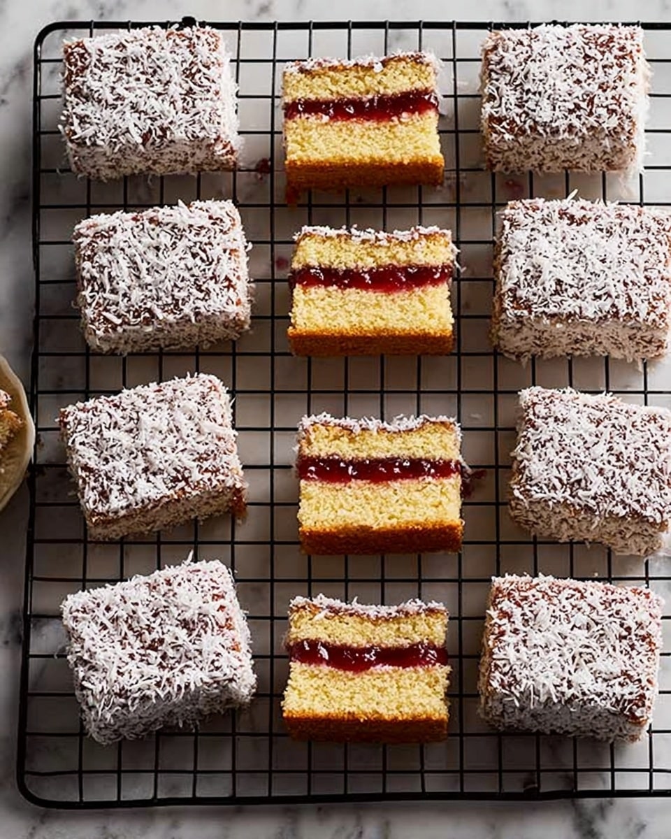 A wire cooling rack on a white marbled surface holds twelve small square cakes. Eight of these cakes are fully covered with a layer of chocolate and rolled in shredded coconut, making them look rough and white with dark patches. Four pieces show the inside, revealing two yellow cake layers separated by a thin layer of red jam, with the outer cake layers smooth and soft. The cakes are evenly spaced, arranged in three rows and four columns. Photo taken with an iphone --ar 4:5 --v 7