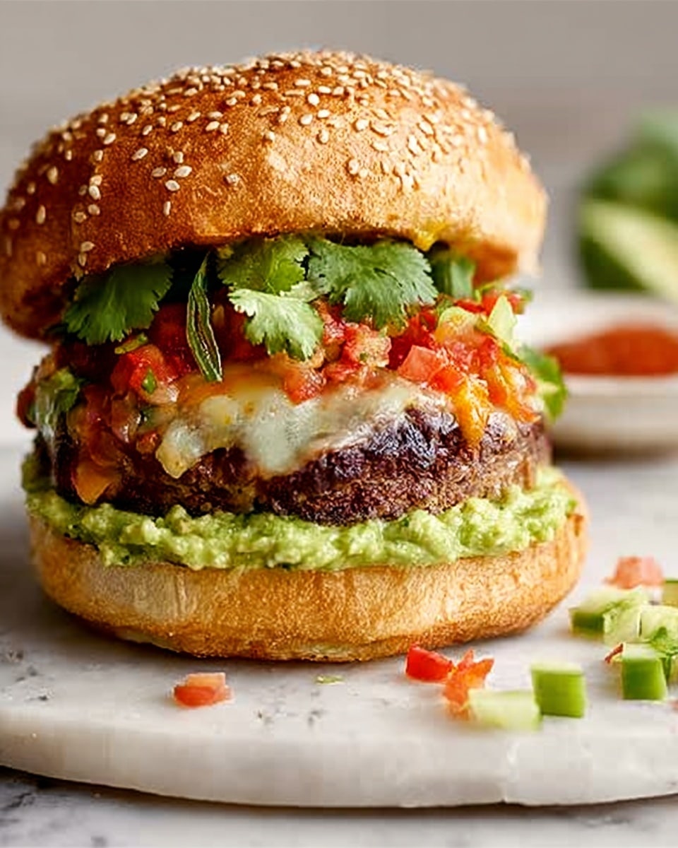 A close-up of a sesame seed bun burger with multiple layers: the bottom bun is soft and light golden; on top of it is a thick layer of bright green guacamole spread evenly; above that is a juicy, dark brown beef patty covered with melted white cheese; next is a layer of fresh green cilantro leaves and some scattered red salsa pieces; the top bun is golden with sesame seeds. The burger sits on a white marbled surface with some small diced cucumber and tomato pieces nearby. Photo taken with an iphone --ar 4:5 --v 7