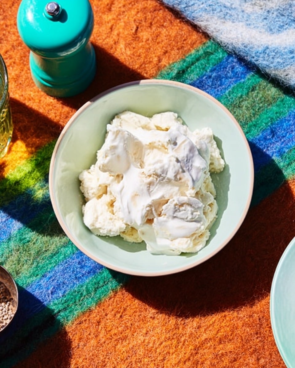 A white bowl is filled with a creamy, white mixture that has soft, irregular lumps, showing a thick texture. The bowl sits on a white marbled surface that has a gentle blue and orange striped cloth partially beneath it. Near the bowl are two small containers, one with a green lid and the other clear with a green top, both casting soft shadows. photo taken with an iphone --ar 4:5 --v 7
