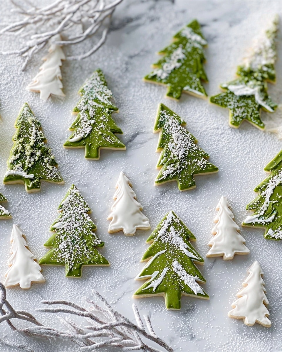 The image shows several green Christmas tree-shaped cookies arranged on a white marbled surface with light gray tree branch decorations around them. Each cookie is topped with white powdered sugar that looks like snow, and some have white icing drizzled in lines to add detail. The cookies have distinct layers or ridges, giving them a textured look like the branches of a tree. White paper cutouts of simple tree shapes are scattered among the cookies, adding contrast. The overall scene looks like a snowy winter forest made of cookies. photo taken with an iphone --ar 4:5 --v 7