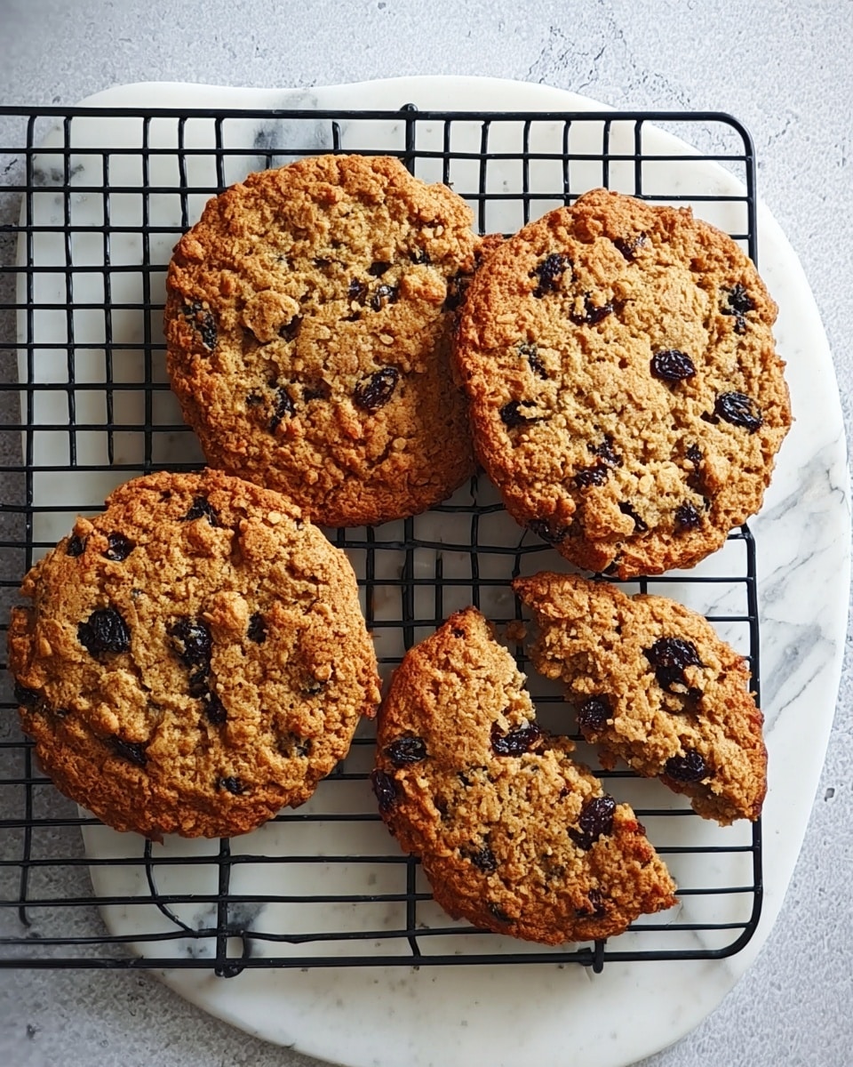 The image shows four round oatmeal raisin cookies with a golden brown color and a rough texture. Three whole cookies and one partially broken cookie are placed on a black wire cooling rack, which sits on a white plate. The cookies have visible dark raisins scattered throughout, adding contrast to the warm brown surface. Some small cookie crumbs are scattered near the broken cookie. The background is a white marbled texture. Photo taken with an iphone --ar 4:5 --v 7