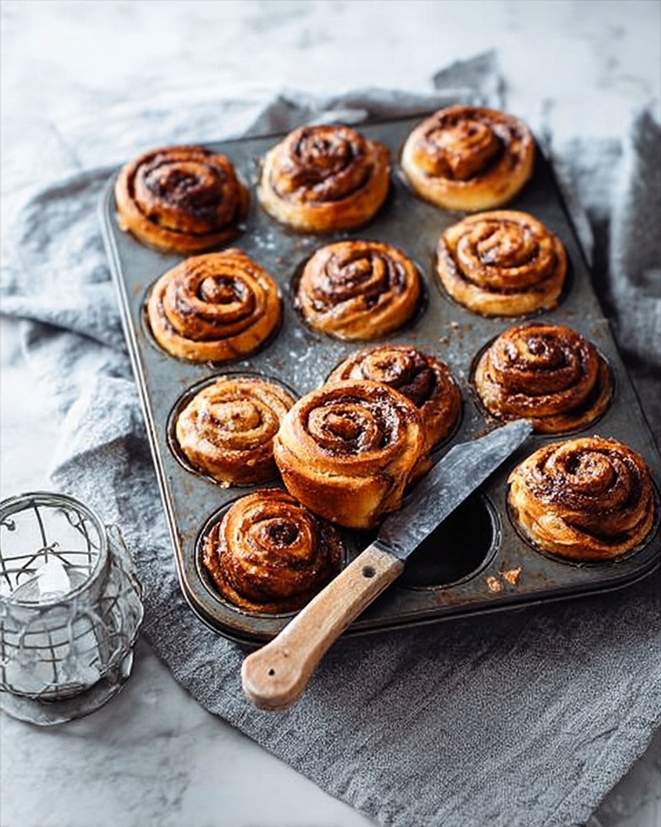 A metal baking tray with twelve golden-brown cinnamon rolls sits on a white marbled surface, with nine rolls filled in and three empty spots. The cinnamon rolls have a shiny glaze and show visible swirls of dark cinnamon filling in three layers: a light golden dough outer layer, a rich dark brown cinnamon swirl middle layer, and a glossy syrup glaze on top. A knife with a dark blade and a worn wooden handle rests across the tray, positioned diagonally with the blade touching some cinnamon rolls. The tray is placed on a folded soft gray cloth. Photo taken with an iphone --ar 4:5 --v 7