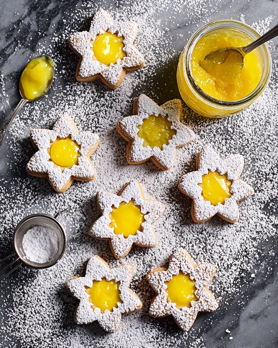 The image shows several star shaped cookies arranged on a white marbled surface. Each cookie has two layers: the bottom layer is a golden-brown baked cookie and the top layer is a star-shaped cookie with a hole in the center. The top cookies are dusted with white powdered sugar, and bright yellow jam or filling is visible in the center holes. Some powdered sugar is scattered around the cookies, and a small metal sieve with powdered sugar inside is placed near the center. A glass jar filled with yellow jam is placed on the side along with a white spoon resting next to it, also covered in some jam. A woman's hand is holding one cookie with jam on top near the top right part of the image. photo taken with an iphone --ar 4:5 --v 7