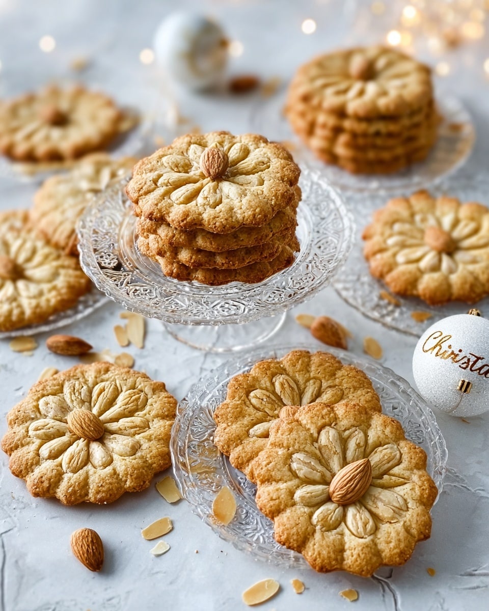 The image shows several round cookies with a sunburst texture, some topped with sliced almonds, arranged on clear glass plates and directly on a white marbled surface. The cookies are golden brown with a slightly uneven, crisp texture. There are three clear glass plates, each holding two or three cookies, scattered across the scene. Loose almond slices are sprinkled around the cookies on the surface, creating a casual, inviting look. In the background, a woman's hand holds one cookie near the top left, adding a warm, natural touch to the composition. The light is soft and natural, highlighting the texture of the cookies and the smooth translucence of the plates. Photo taken with an iphone --ar 4:5 --v 7