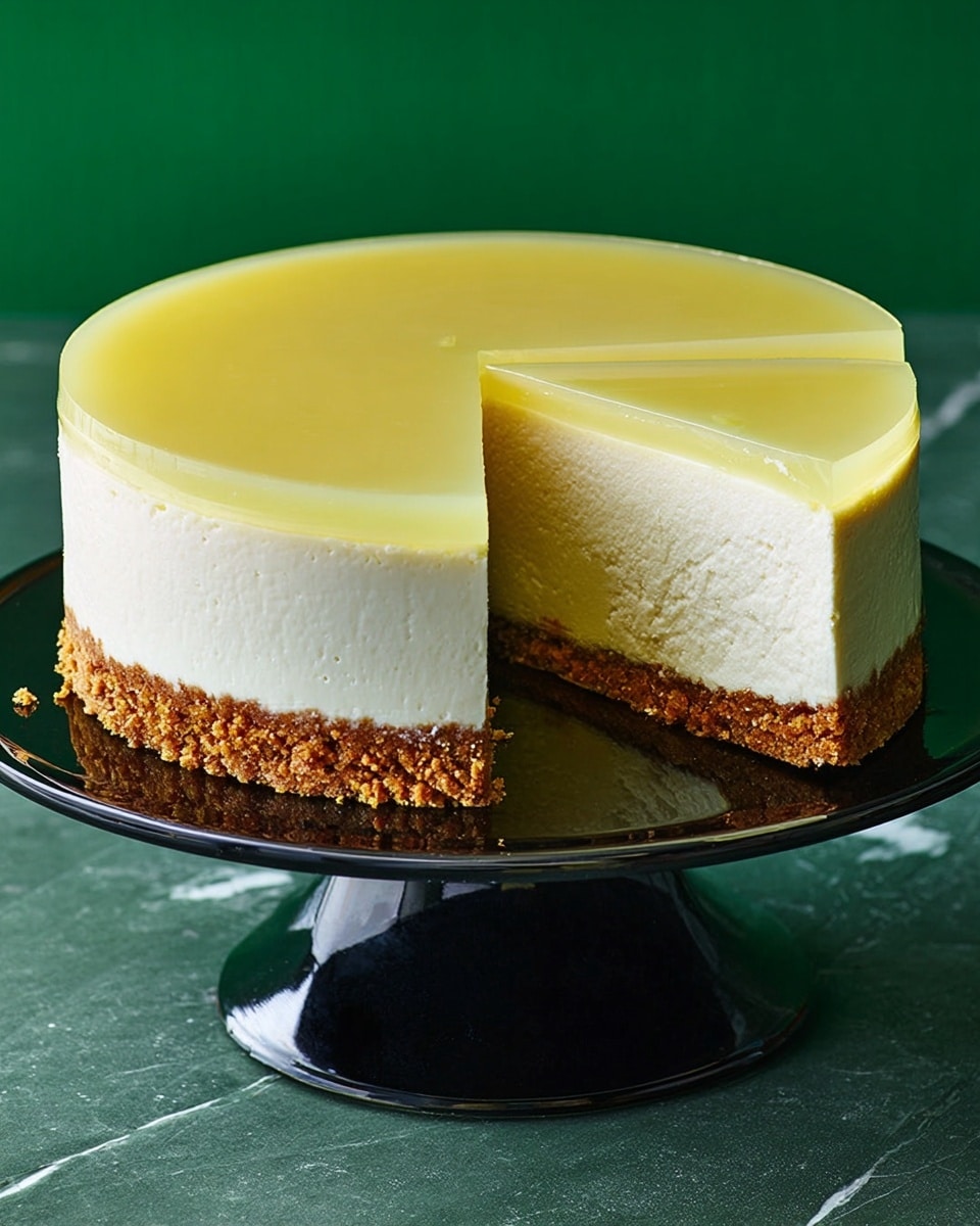 A round cheesecake with three clear layers is shown on a black cake stand against a green background. The bottom layer is a crumbly brown crust, rough in texture. The middle layer is thick, creamy white, smooth and soft looking. The top layer is a thin, translucent pale yellow gelatin, shiny and even. One slice is cut out, showing the clean edges between layers. Photo taken with an iphone --ar 4:5 --v 7