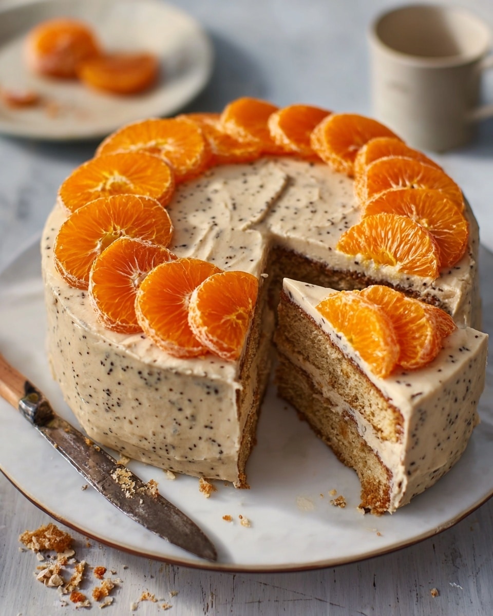 A round, two-layered cake sits on a white plate, topped with a smooth beige frosting that has small dark specks throughout. Eight bright orange mandarin slices arranged in a circle decorate the top, some sprinkled with tiny seeds or spices. One slice of the cake is cut and slightly pulled out, showing the same light brown cake layers with the speckled frosting between them. The white marbled surface beneath the plate adds a clean, soft background. Photo taken with an iphone --ar 4:5 --v 7
