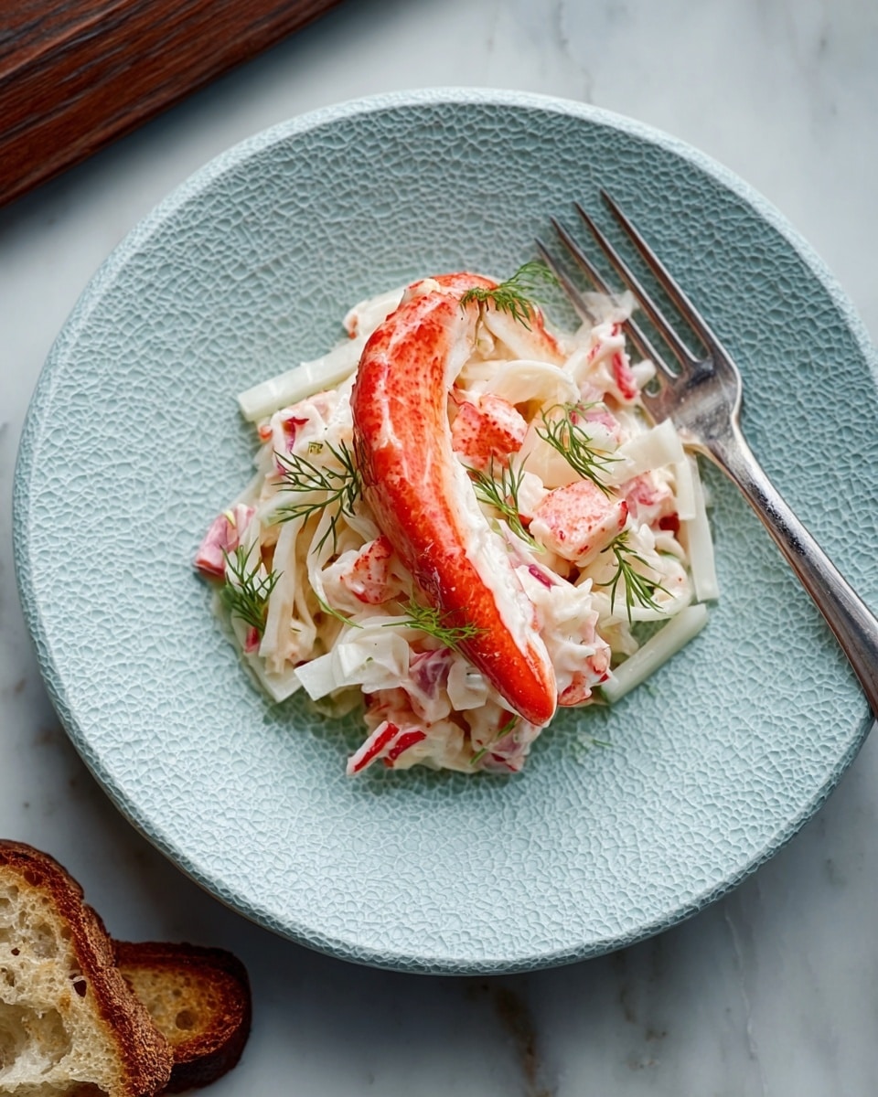 A white ceramic plate holds a small, neat mound of crab salad. The bottom layer is pale, creamy strips of celery or similar vegetable, mixed lightly with white sauce. On top are light pink crab meat pieces, with a bright orange crab claw placed at the back as decoration. Small green sprigs, possibly dill, are placed on and around the salad. A silver fork rests on the right edge of the plate. The setting is on a white marbled textured surface. photo taken with an iphone --ar 4:5 --v 7