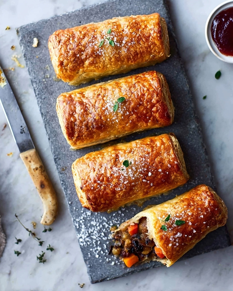 Three golden brown sausage rolls are placed on a gray board with a white marbled surface beneath. The sausage rolls have a crispy, flaky texture with a sprinkling of salt and small green herb leaves on top. One sausage roll is cut open, showing a filling of dark brown meat mixed with orange carrot pieces. To the side, there is a butter knife with a wooden handle and a dark bowl with red sauce. photo taken with an iphone --ar 4:5 --v 7