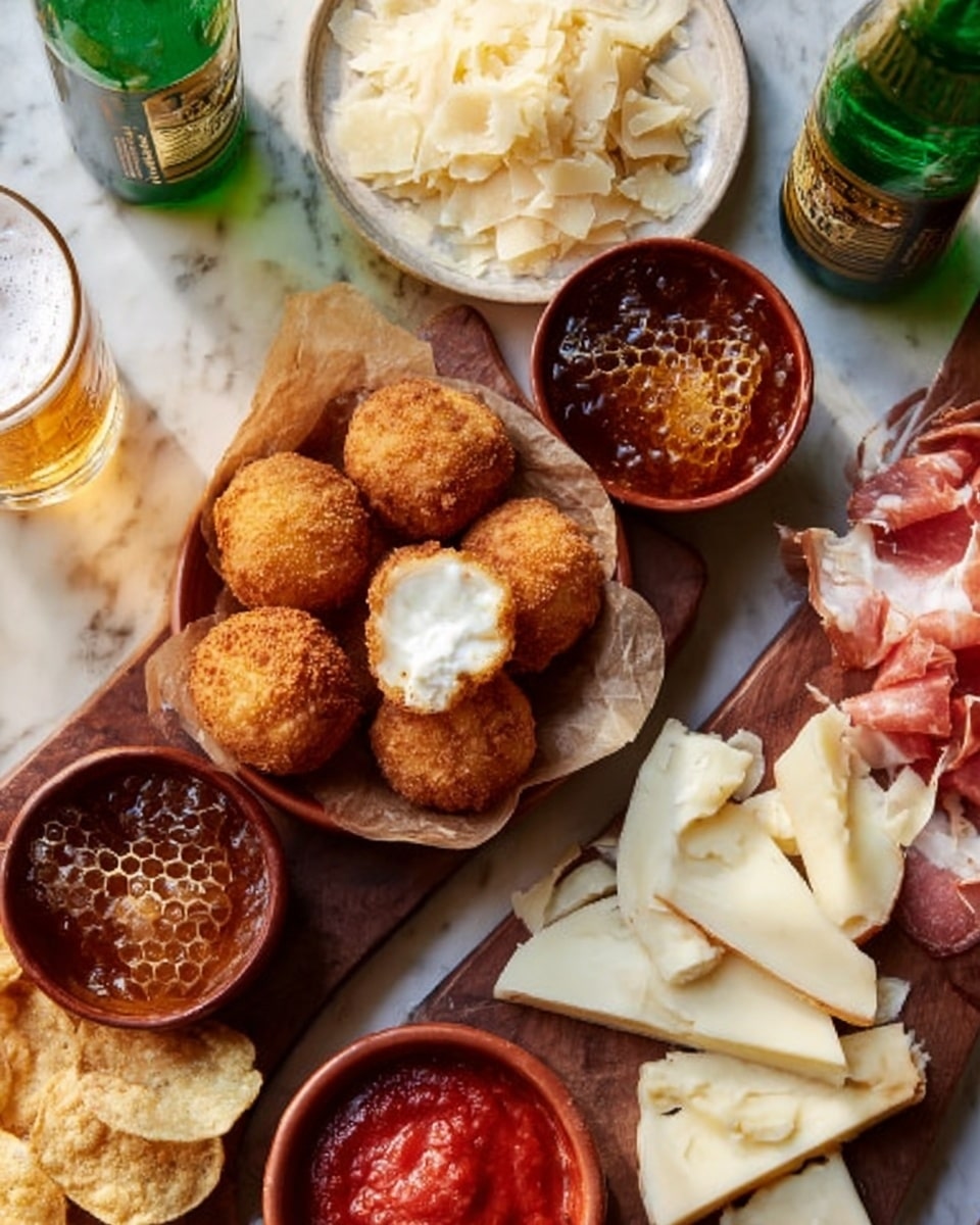 The image shows a wooden surface with a white marbled texture underneath a rustic food spread including six golden brown fried balls arranged in two groups on parchment paper. A round white bowl filled with smooth red sauce sits near the balls. A wooden bowl with honeycomb rests beside the balls. Thin slices of pale yellow cheese are fanned out below the honeycomb, next to folded slices of pink cured meat. Crispy light yellow potato chips are scattered nearby. A wooden plate holds broken creamy white cheese pieces toward the top, with two green glass bottles and a glass of foamy beer around them. A woman's hand holding a gold bottle opener is partially visible near the meat. photo taken with an iphone --ar 4:5 --v 7