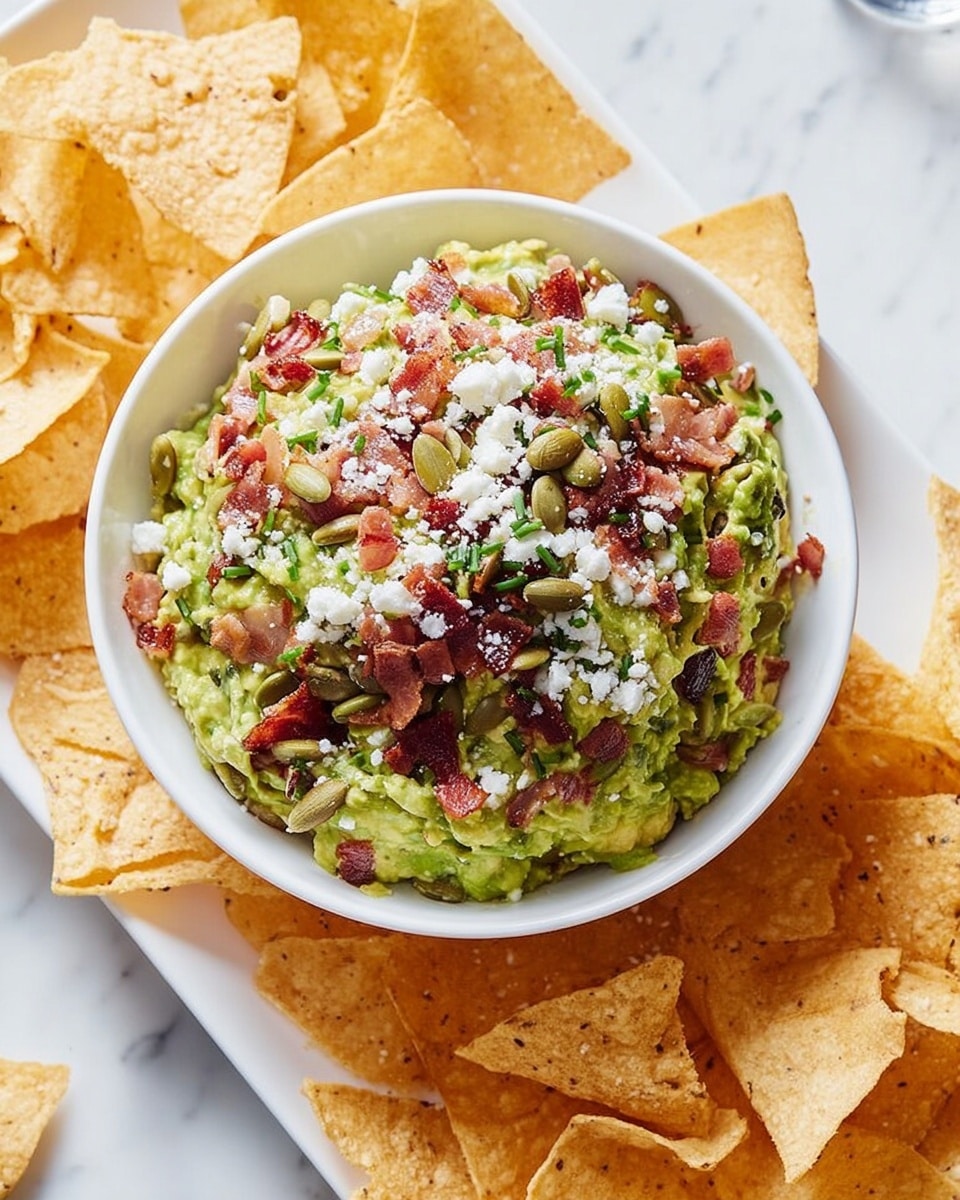 A white bowl filled with chunky green guacamole forms the base layer, topped with scattered pumpkin seeds which add a dark green, smooth texture. Above that, there are crisp, pinkish-brown bacon pieces with a slight shine, sprinkled over white crumbly cheese for contrast. Small bits of chopped green herbs lightly rest on top, adding freshness. The bowl is placed on a white marbled surface surrounded by large, golden-yellow tortilla chips, creating a bright frame around the bowl. photo taken with an iphone --ar 4:5 --v 7