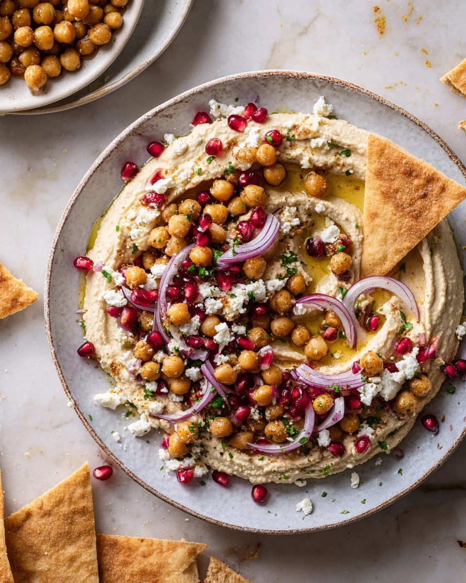 A deep white plate holds a swirl of creamy, light beige hummus as the base layer, topped with small roasted golden chickpeas scattered evenly over it. Thin, curved slices of pale purple-red onion are placed across the hummus, adding a fresh texture. Bright red pomegranate seeds are interspersed on top, shining with juice, along with small crumbles of white cheese. A light drizzle of olive oil brings a glossy finish to the dish. A triangular tan pita chip is partially dipped into the hummus on the right side of the plate. Around the plate, more broken pita chips lie on a white marbled texture surface. Photo taken with an iphone --ar 4:5 --v 7