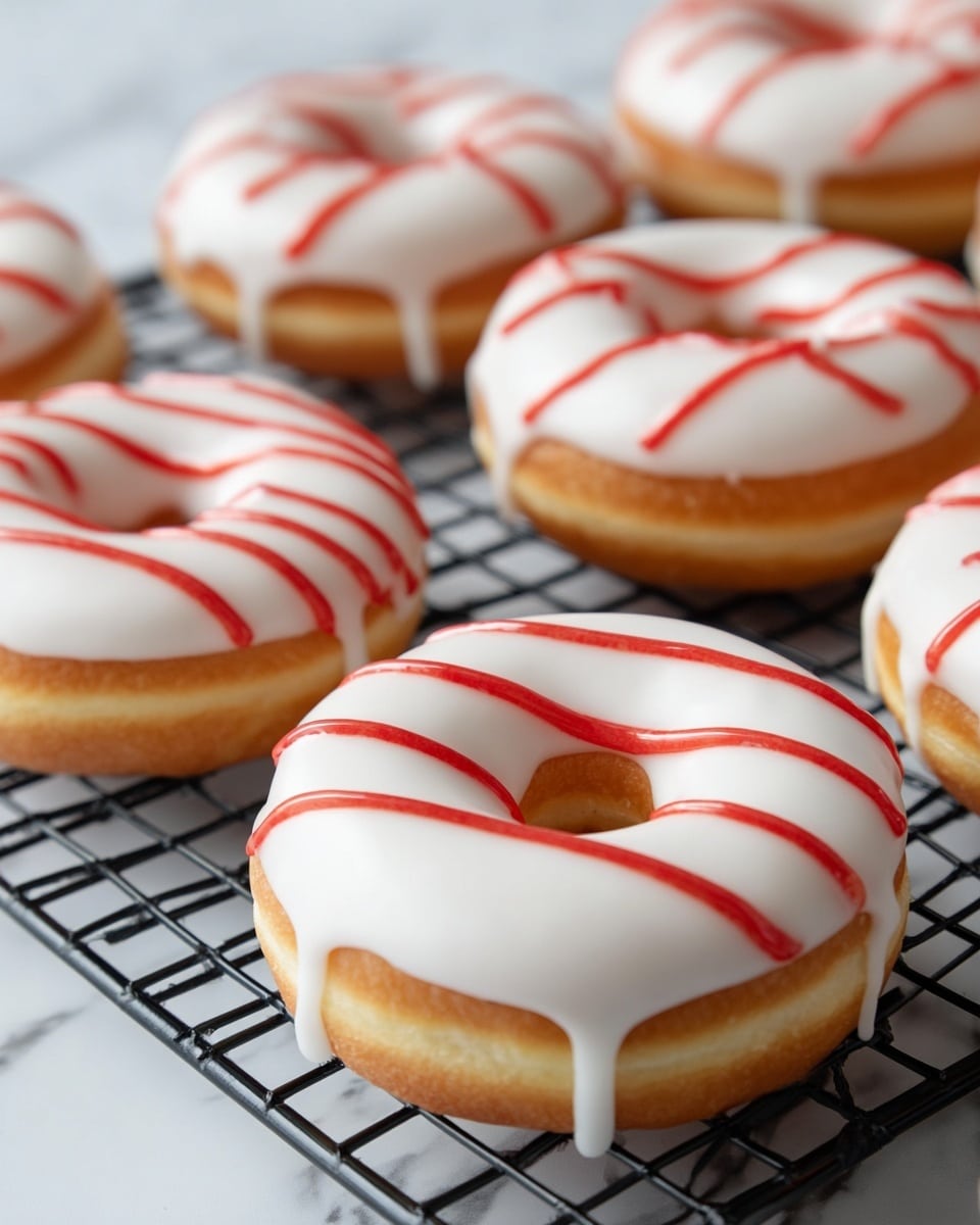A group of round donuts, each with a smooth, light golden base layer topped by a thick, glossy white icing that drips slightly over the edges. On top of each donut are five evenly spaced red lines made from a thin glaze, radiating from the center hole to the outer edge. The donuts are arranged in neat rows on a black cooling rack, which sits on a white marbled surface. The texture of the donuts looks soft and fluffy with a shiny finish on the icing. photo taken with an iphone --ar 4:5 --v 7