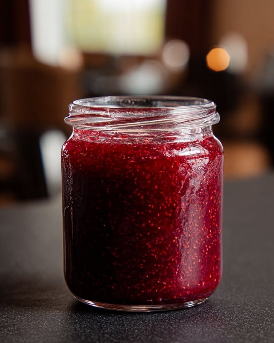 A clear glass jar filled with thick, deep red jam with small visible seeds throughout sits on a white marbled surface. The jar has a smooth round shape with a ridged neck and an embossed logo on the front. The background is softly blurred with dark chairs and light coming from a window, adding a cozy indoor atmosphere. photo taken with an iphone --ar 4:5 --v 7