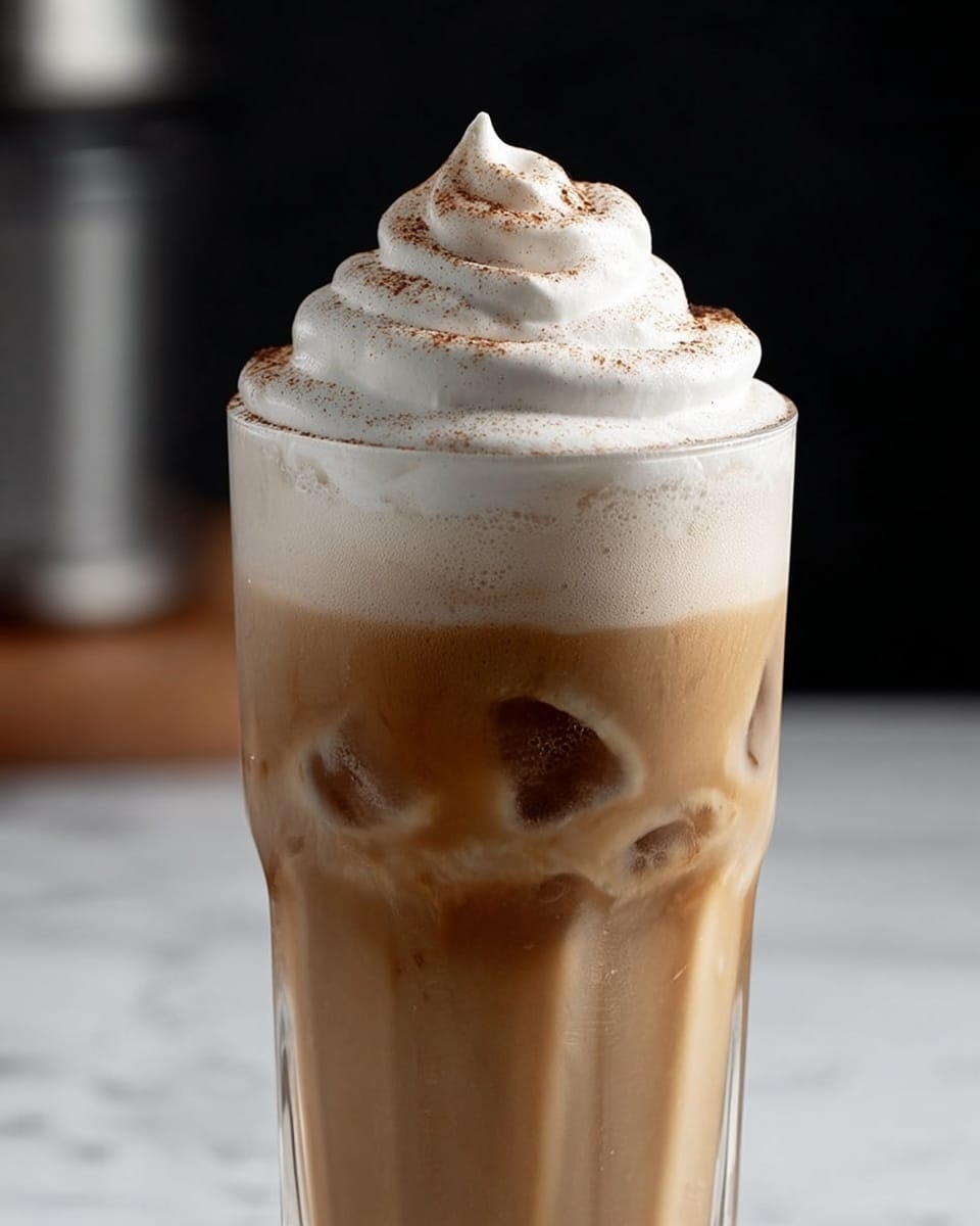 A tall clear glass filled with three layers: the bottom layer is a light brown iced coffee with visible ice cubes, the middle layer is a thin white frothy milk layer, and the top layer is a thick, white whipped cream swirl dusted with light brown cocoa powder. The glass rests on a white marbled surface with a dark blurred background. Photo taken with an iphone --ar 4:5 --v 7