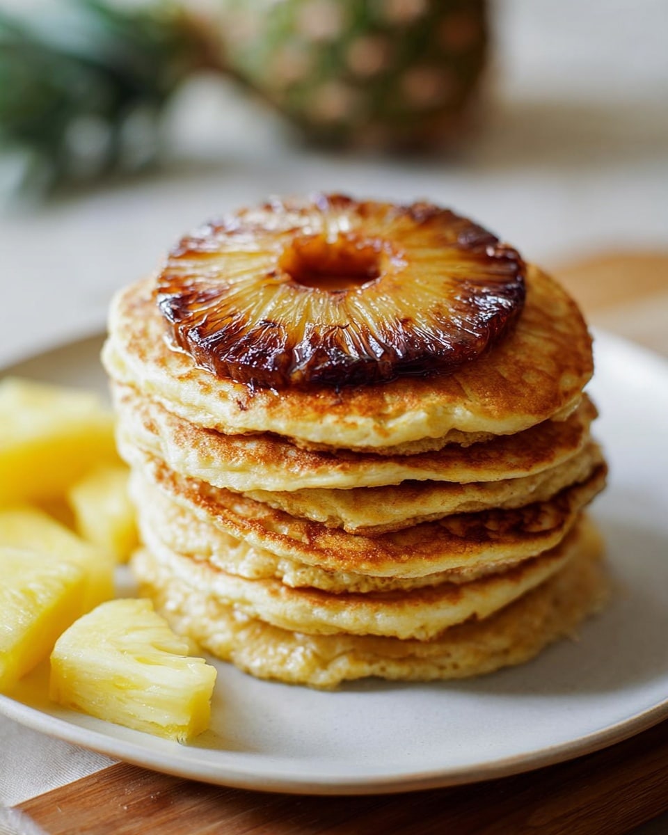A stack of seven thick, golden brown pancakes sits on a wooden surface with a white marbled texture. Each pancake has a fluffy, soft texture with slight browning on the sides. The top pancake features a caramelized pineapple ring, dark brown in the middle and lighter golden on the edges. In the foreground, small pieces of fresh pineapple are scattered, showing a pale yellow color and juicy texture. To the left, a jar with a brown topping and a glass of milk are slightly blurred in the background. The light softly highlights the pancakes, emphasizing their warm tones and textures. photo taken with an iphone --ar 4:5 --v 7