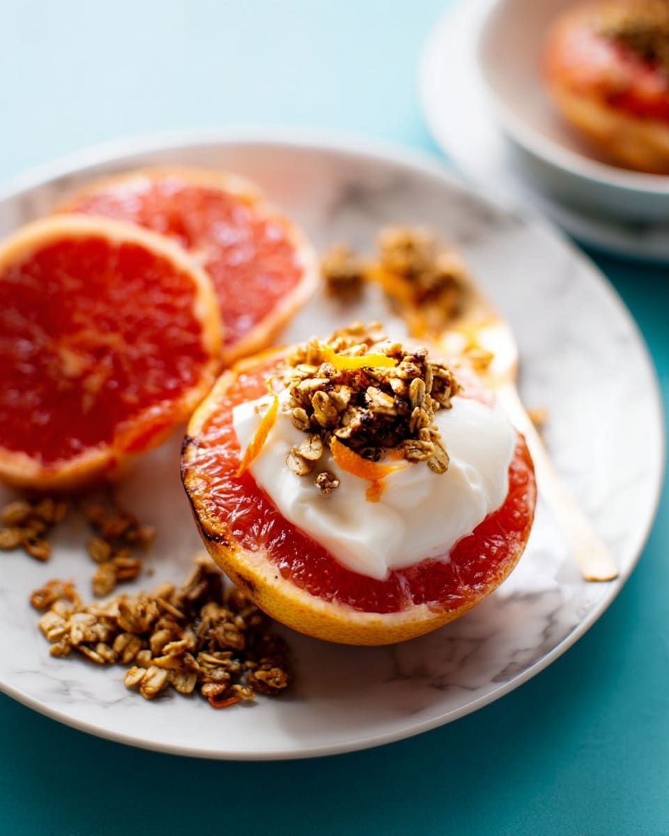 The image shows a white plate placed on a white marbled surface, with two halves of a baked grapefruit. One grapefruit half has a dark brown roasted texture on top, covered with a smooth, white cream dollop, and sprinkled with chunky, golden granola mixed with small orange pieces. The other grapefruit half reveals a vibrant pinkish-red, juicy inside. The granola pieces spill over next to the grapefruit on the plate, creating a mix of rough and smooth textures. photo taken with an iphone --ar 4:5 --v 7