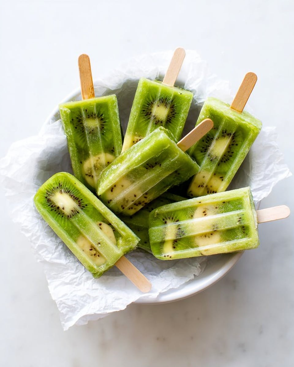 A white round bowl holds six green ice pops with visible pieces of kiwi and banana inside each popsicle, showing layers of light green and yellow with a smooth, icy texture. The popsicles have wooden sticks and are arranged in a slightly overlapping way, resting on crumpled white parchment paper inside the bowl. The whole setup sits on a white marbled surface, creating a fresh and clean look. photo taken with an iphone --ar 4:5 --v 7
