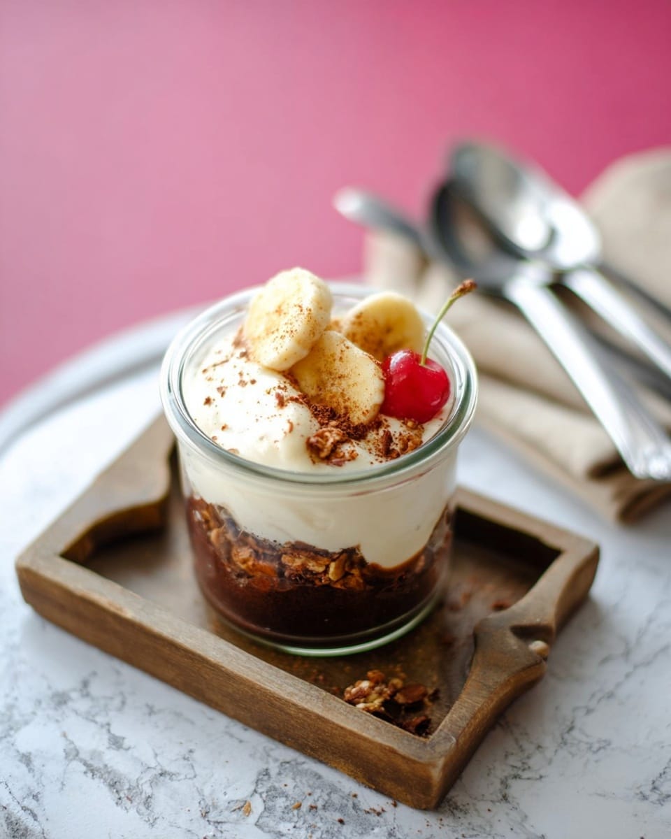 A clear glass jar shows a layered dessert with a dark brown textured base topped with sliced yellowish banana covered in light brown powder, a thick white creamy layer, and a small red cherry with a green stem placed on the side inside the jar. A silver spoon is inside the jar, slightly tilted toward the right. The jar sits on a dark wooden tray with a cut-out heart shape, a white cloth, and a white sliced item in the background, all set on a bright pink background replaced by a white marbled texture. photo taken with an iphone --ar 4:5 --v 7