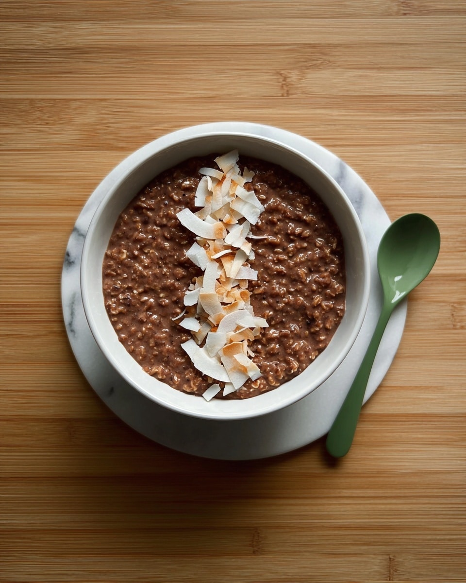 A white bowl filled with a thick, textured chocolate oatmeal, the surface showing small chunks of oats in a rich brown mix, topped with a neat line of white toasted coconut flakes placed down the center. The bowl rests on a light brown bamboo textured surface, and to the right of the bowl is a glossy light green ceramic spoon. The scene is softly lit, highlighting the creamy, hearty texture of the oatmeal. photo taken with an iphone --ar 4:5 --v 7