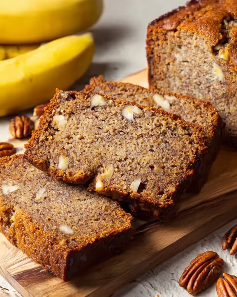 The image shows three slices of banana bread placed slightly overlapping each other on a wooden cutting board. The bread has a brown crust with a textured, moist inside highlighted by small bits of nuts and banana pieces scattered within. Around the cutting board, there are whole and chopped pecans spread casually, adding a rustic touch. In the background, a few whole bananas rest to the side, suggesting the main ingredient. The scene is set on a white marbled surface, creating a clean and bright look. photo taken with an iphone --ar 4:5 --v 7