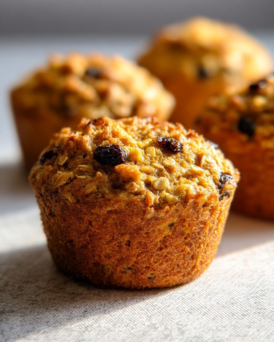 The image shows a close-up of an oatmeal muffin with visible raisins and a rough, golden-brown top layer that looks slightly crunchy. The muffin has a textured, light brown middle layer filled with oats and embedded raisins. It sits on a white marbled surface with a woven fabric underneath, and in the background, there are more similar muffins lined up in a blur. The light is soft and natural, highlighting the muffin’s uneven surface and crumbly texture. photo taken with an iphone --ar 4:5 --v 7