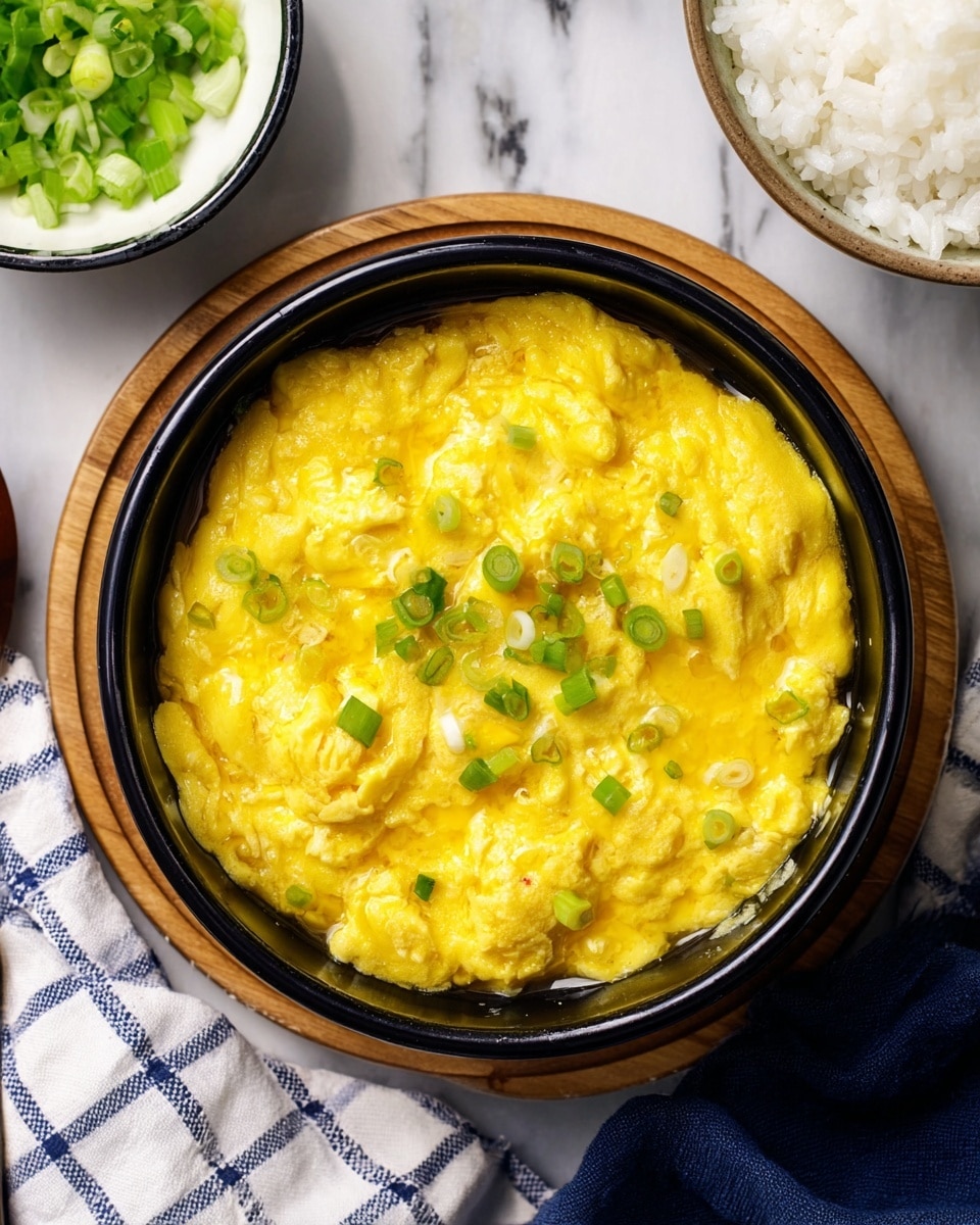 The image shows a black bowl filled with a thick yellow steamed egg custard, topped with finely chopped green onions scattered on the surface. The custard has a soft and slightly bumpy texture with small air bubbles, filling the bowl to the top. The bowl is placed on a light wooden board, which rests on a white marbled surface with a cloth that has a blue and white checkered pattern partially visible underneath. To the left, there is a white bowl with a black rim holding more chopped green onions. To the right, a white bowl contains plain white rice, with a dark blue cloth partly visible nearby. photo taken with an iphone --ar 4:5 --v 7