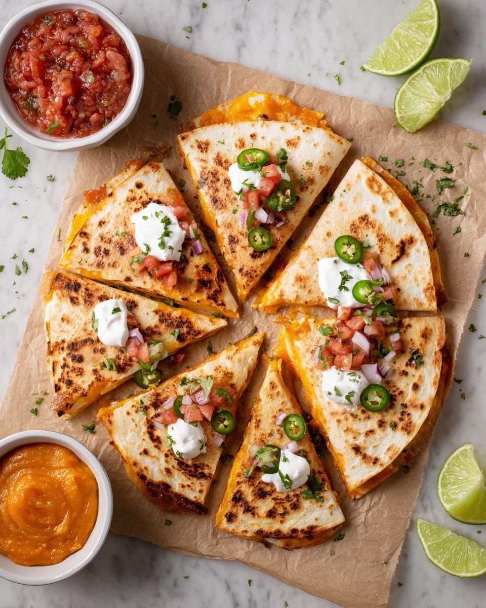 A sliced quesadilla with two white tortillas that are toasted golden brown on the outside and stuffed with a layer of melted orange cheese and another layer of what looks like seasoned chicken. The quesadilla is topped with small dollops of white sour cream, chopped red and white tomato-onion salsa, thin slices of green jalapeño, and scattered green herbs. It sits on a piece of brown parchment paper placed over a white marbled surface. On the left side, there are two small white bowls, one with chunky orange dip and the other with fresh tomato and onion salsa. On the top right, there are three lime wedges. photo taken with an iphone --ar 4:5 --v 7