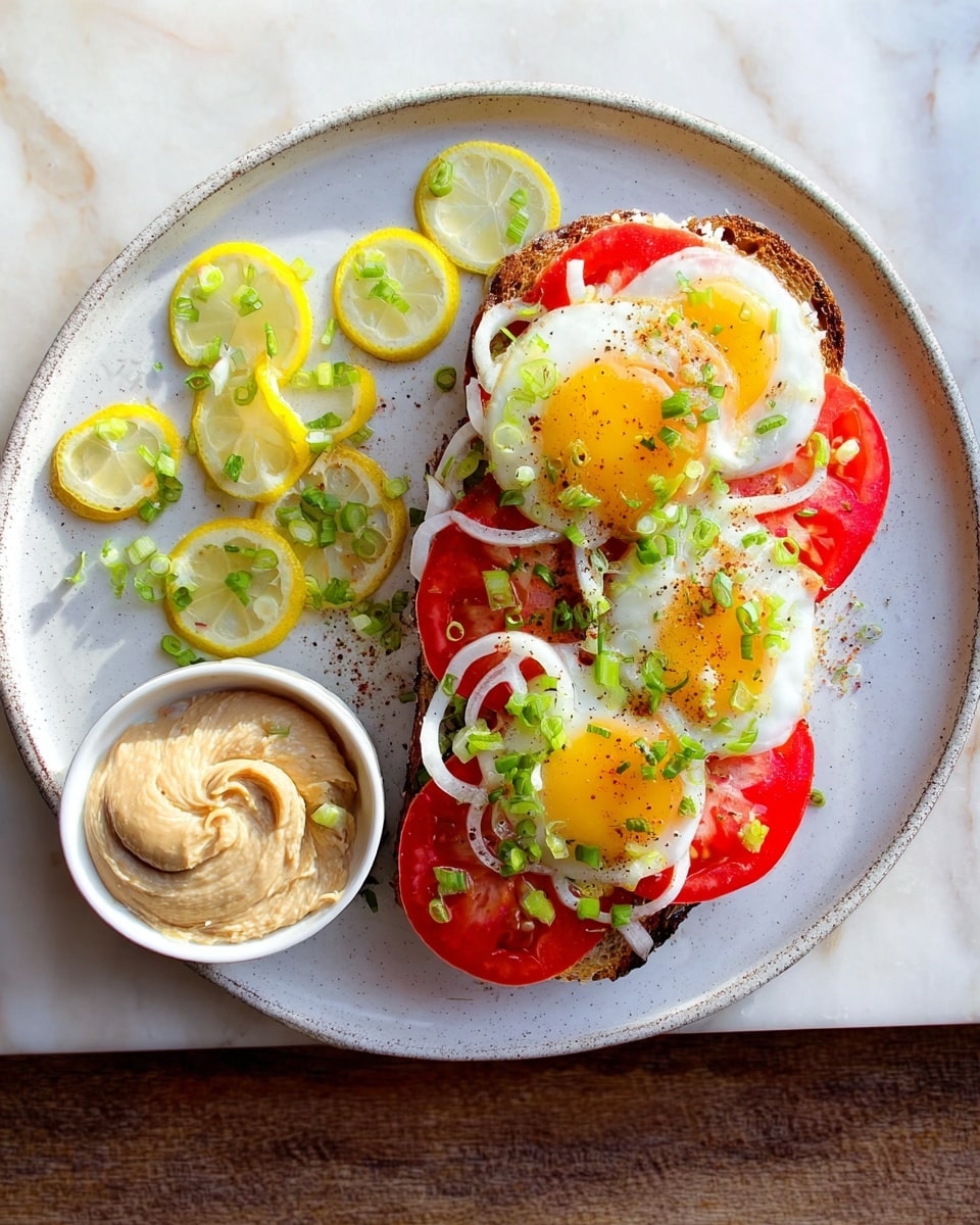 A round white plate is topped with a circular piece of bread as the base layer, which is covered with sliced red tomatoes arranged evenly in a ring. On top of the tomatoes, translucent white onion rings are placed liberally. The next layer features three sunny-side-up eggs with bright yellow yolks and white edges centered on the dish. Chopped green herbs and slices of green onions are sprinkled over the eggs and vegetables for garnish. On the left side of the plate, there are three lemon slices decorated with thin green leaves. In front of the plate, a small white bowl holds a light brown paste-like spread. The plate rests on a white marbled surface. photo taken with an iphone --ar 4:5 --v 7