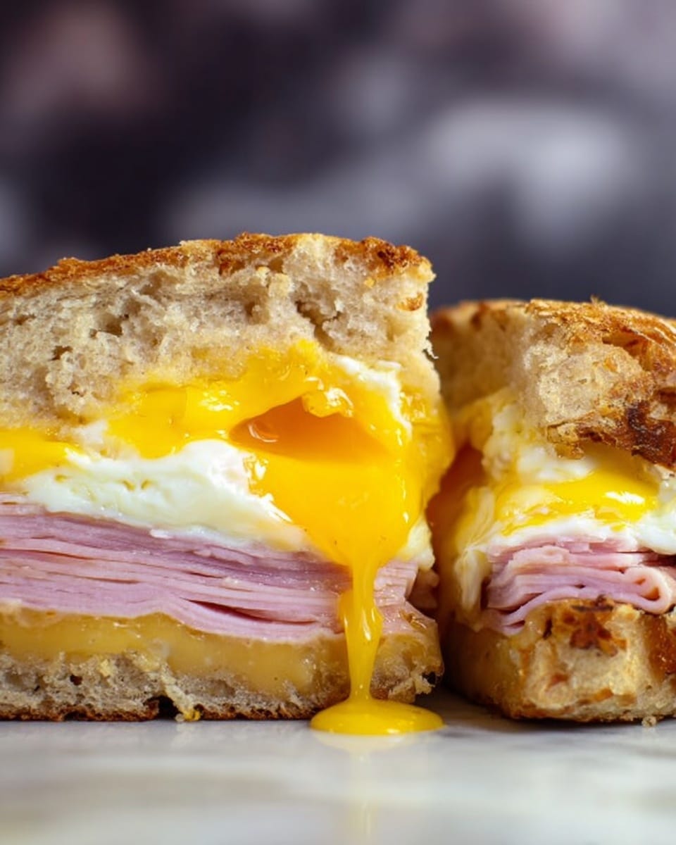 The image shows a close-up cross section of a sandwich cut in half, placed on a white marbled surface. The sandwich has three layers: the bottom layer is a toasted, slightly crispy light brown bread with a rough texture; the middle layer is thin slices of pink ham stacked evenly; the top layer is a fried egg with a bright, glossy orange yolk that is soft and slightly runny, dripping over the sides, and white cooked egg whites. The inner bread edges have a toasted golden color. Photo taken with an iphone --ar 4:5 --v 7