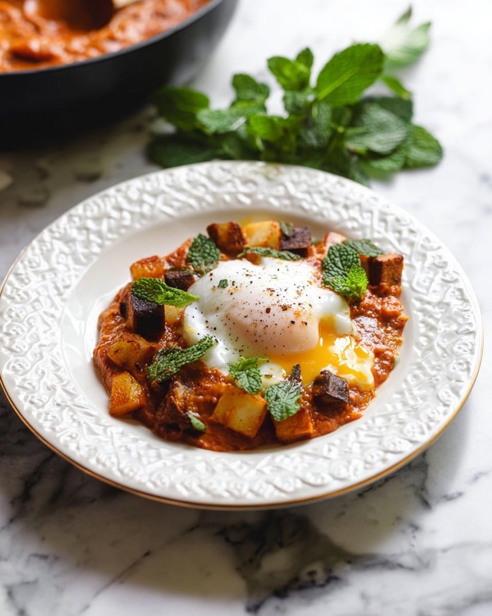 A white plate with a decorative edge is placed on a white marbled surface. On the plate, there is a dish with three main layers: at the bottom, a thick reddish-brown sauce with a slightly chunky texture spreads over the plate; in the middle, a soft, round white poached egg is set, topped with a sprinkle of black pepper; on top and around the egg, there are dark orange-brown roasted sweet potato cubes and bright green mint leaves scattered, adding fresh color contrast. Photo taken with an iphone --ar 4:5 --v 7