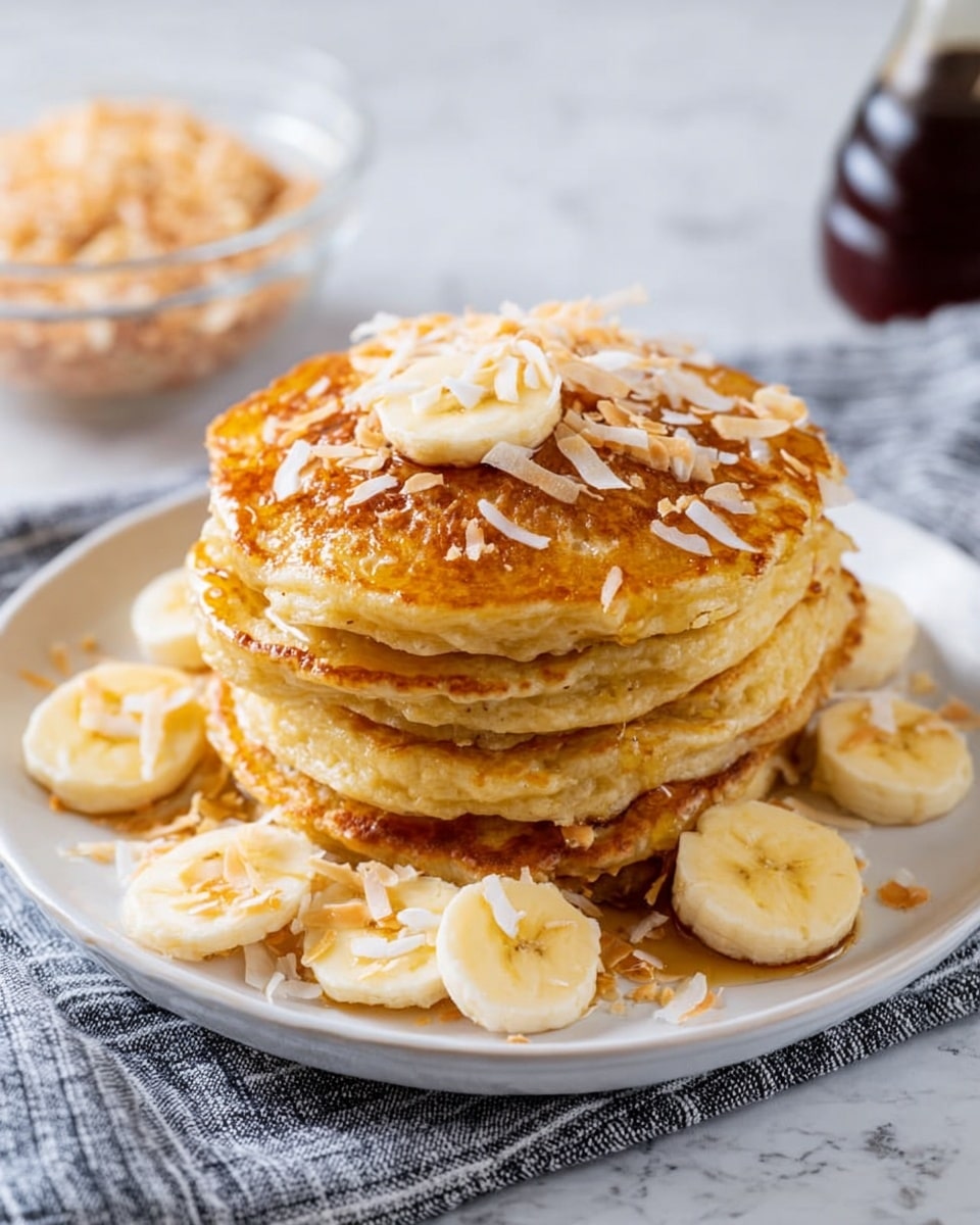 A stack of six thick, golden brown pancakes sits in the center of a white plate placed on a white marbled surface with a striped cloth underneath. The pancakes are topped with two slices of banana and sprinkled with toasted shredded coconut. More toasted coconut is scattered lightly on the sides. To the left of the stack, a row of five banana slices rests on the plate. In the blurred background, a glass bowl with more toasted coconut and a small glass bottle of maple syrup are visible. The image has a bright and soft natural light. photo taken with an iphone --ar 4:5 --v 7