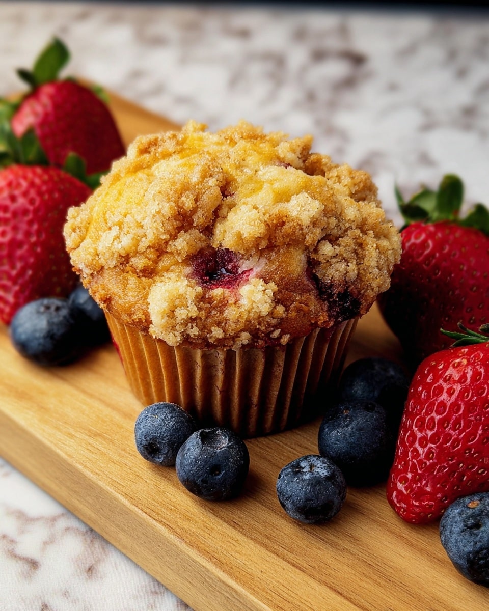 The image shows one muffin with a crumbly golden-brown top layer that has a rough texture and bits of dark purple berries peeking through. The muffin base is light yellow with vertical ridges from the paper liner, visible through the thin translucent wrapper. Around the muffin, there are scattered fresh strawberries and blueberries; the strawberries are bright red with green leafy tops, and the blueberries are deep blue and round with smooth skin. All items are placed on a light wooden surface. photo taken with an iphone --ar 4:5 --v 7