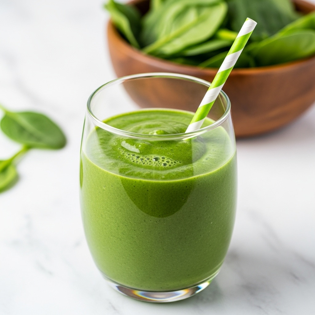 A clear glass filled with a thick, vibrant green smoothie sits on a white marbled surface. The smoothie has a smooth texture with small bubbles on top, and a green and white striped paper straw is placed inside the glass leaning slightly to the left. Behind the glass, there is a wooden bowl filled with fresh, leafy spinach leaves that are bright green and slightly shiny. The background is a soft light brown blur. photo taken with an iphone --ar 4:5 --v 7