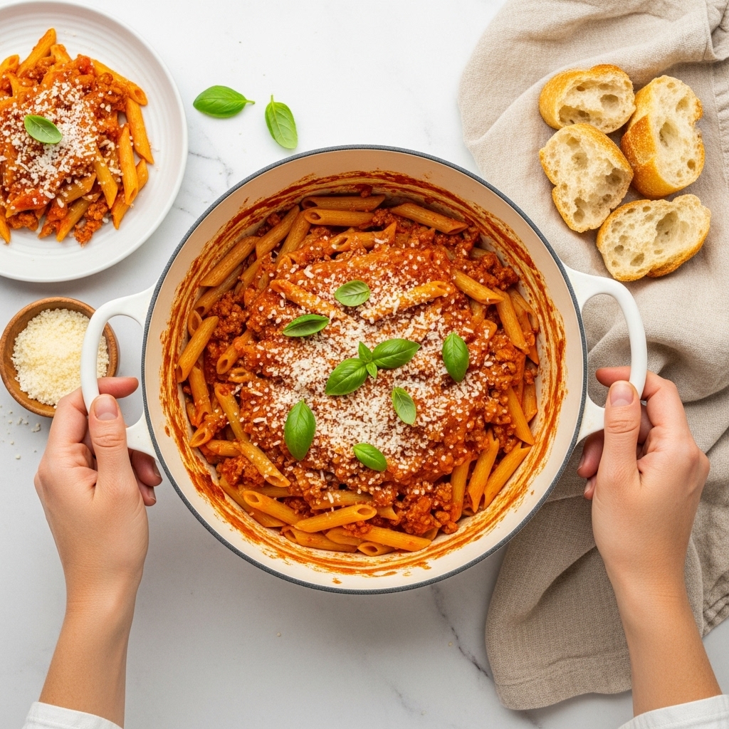 A white pot filled with one layer of cooked penne pasta coated in a rich red tomato sauce, topped with small green basil leaves and grated white cheese scattered over the pasta. The pot shows sauce stains inside along the edges. Two woman's hands are holding the pot from opposite sides. Nearby, a white marbled surface holds a neatly folded beige cloth with sliced bread resting on it, a small wooden bowl with some white grated cheese, and a white plate with some pasta and basil on it, all on a dark green cloth. photo taken with an iphone --ar 4:5 --v 7