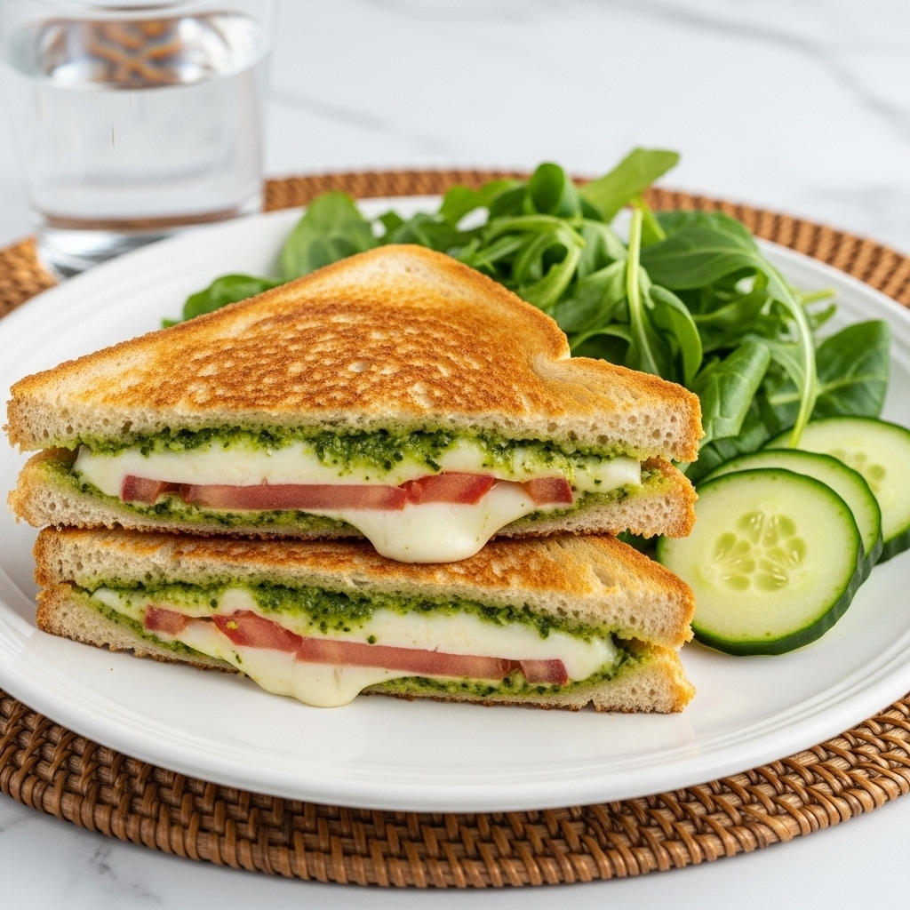 A white plate holds a toasted grilled sandwich cut diagonally into two halves stacked on top of each other. The sandwich has three layers: golden-brown toasted bread on the top and bottom, with a middle layer showing melted white cheese oozing out, green pesto sauce spread inside, and a slice of red tomato visible between the layers. Fresh green leafy salad and sliced cucumbers are placed next to the sandwich, adding a splash of vibrant colors. The plate sits on a woven brown mat with a clear glass of water in the background, all on a white marbled surface. photo taken with an iphone --ar 4:5 --v 7