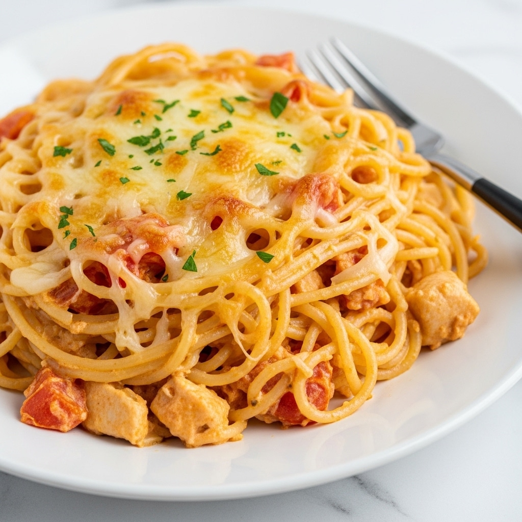 The dish is a creamy baked spaghetti served on a white plate with a white marbled background. It has several layers starting with a base of soft, light beige cooked spaghetti noodles mixed with small pieces of red tomato and bits of chicken. On top, there is a thick layer of melted white cheese that is lightly browned and bubbly in spots, giving a slightly crispy texture. Sprinkled green parsley flakes are scattered over the top, adding a touch of fresh color. A fork with a black handle rests on the edge of the plate. The overall look is rich and cheesy with a mix of creamy and chunky textures. photo taken with an iphone --ar 4:5 --v 7