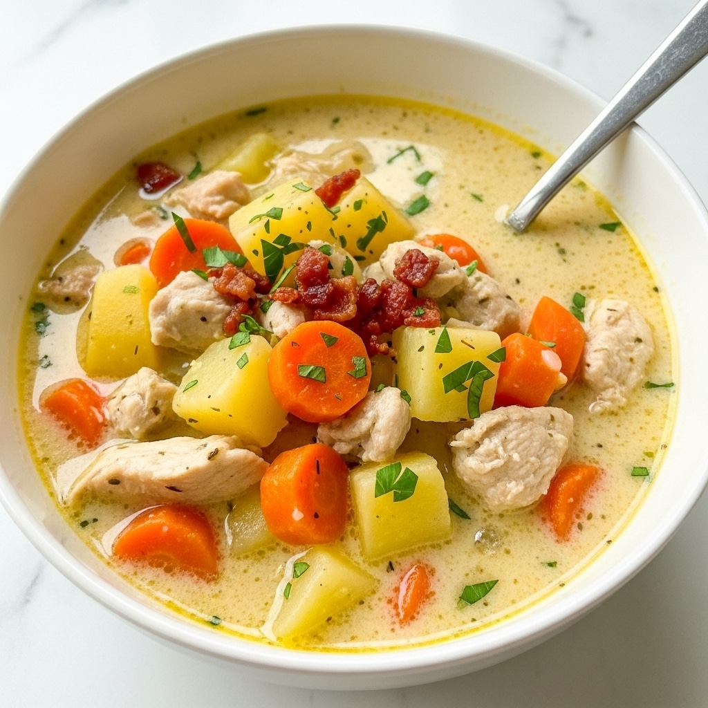 The image shows a white bowl filled with creamy soup, thick and light yellow in color. The soup has visible chunky pieces of chicken, white potatoes, and orange carrots scattered evenly throughout. Bright green chopped chives are sprinkled on top, along with small bits of crispy red bacon, adding contrast. A silver spoon is partially submerged in the soup on the right side of the bowl. The bowl sits on a white marbled surface, making the colors of the soup stand out. photo taken with an iphone --ar 4:5 --v 7