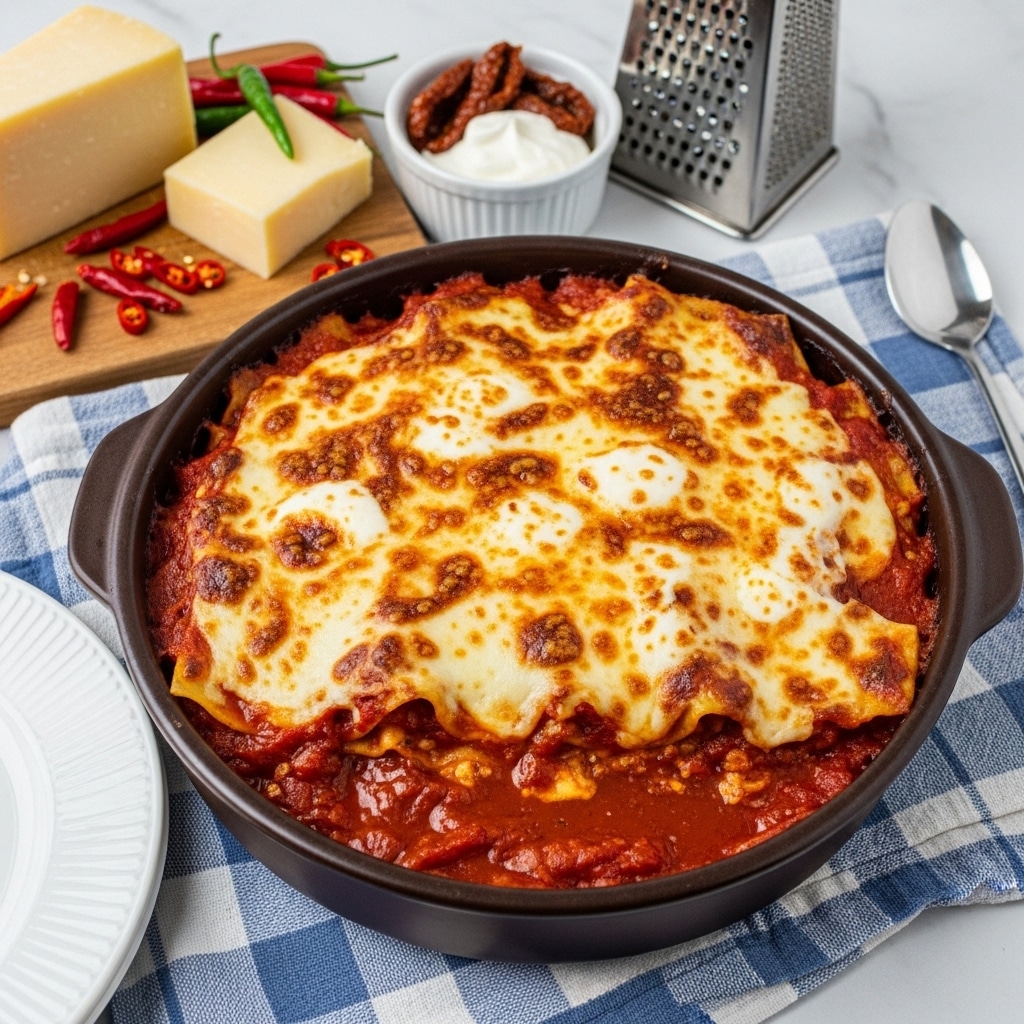 A round orange earthen dish filled with a baked cheesy tomato dish showing a golden-brown bubbly cheese top mixed with herbs, beneath which the bright red tomato sauce is visible with some soft melted cheese patches; the dish sits on a blue and white checkered cloth with a white empty plate to the left and a small white bowl with olives and pickles behind; there is also a piece of white cheese, a grater, and dried red chili peppers on a wooden board on the right, all on a white marbled surface. photo taken with an iphone --ar 4:5 --v 7