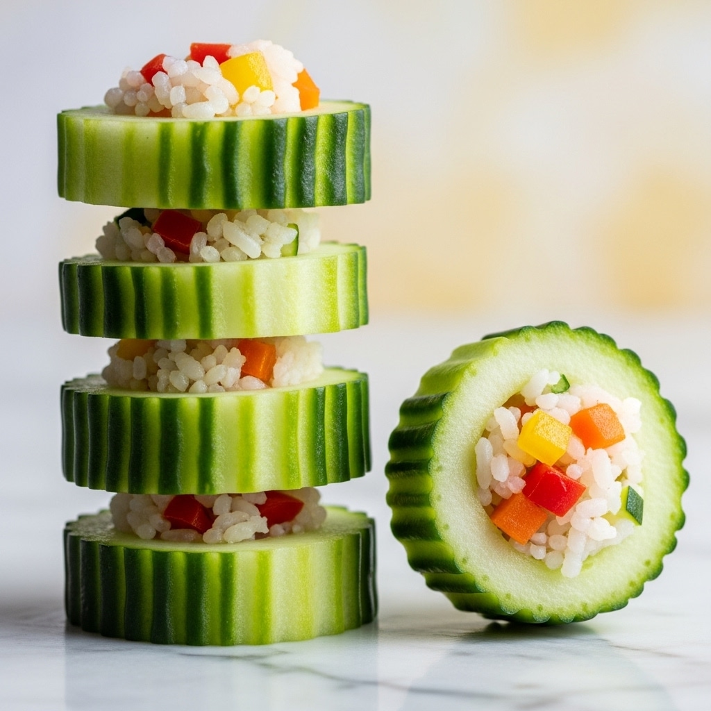A stack of four thick cucumber slices is placed vertically on a white marbled surface, with the top slice filled with layers of white rice, small yellow pieces, green bits, and a small red piece on top, providing a fresh, colorful contrast to the dark green cucumber skin and pale green inside. Around the stack, two more filled cucumber slices lie flat, also showing the layered filling of white, yellow, green, and red. The background is softly blurred with light yellow hues. photo taken with an iphone --ar 4:5 --v 7