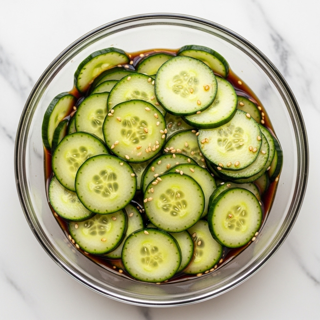 A clear glass bowl filled with thin, round slices of cucumber that are layered loosely and mixed with small white sesame seeds evenly scattered on top and within the cucumbers, all sitting in a light brown sauce. The bowl is placed on a white marbled surface that shows through the glass. The cucumbers have a shiny, fresh look with dark green edges and pale green centers. The light plays off the wet textures and seeds, making the dish appear fresh and crisp. Photo taken with an iphone --ar 4:5 --v 7