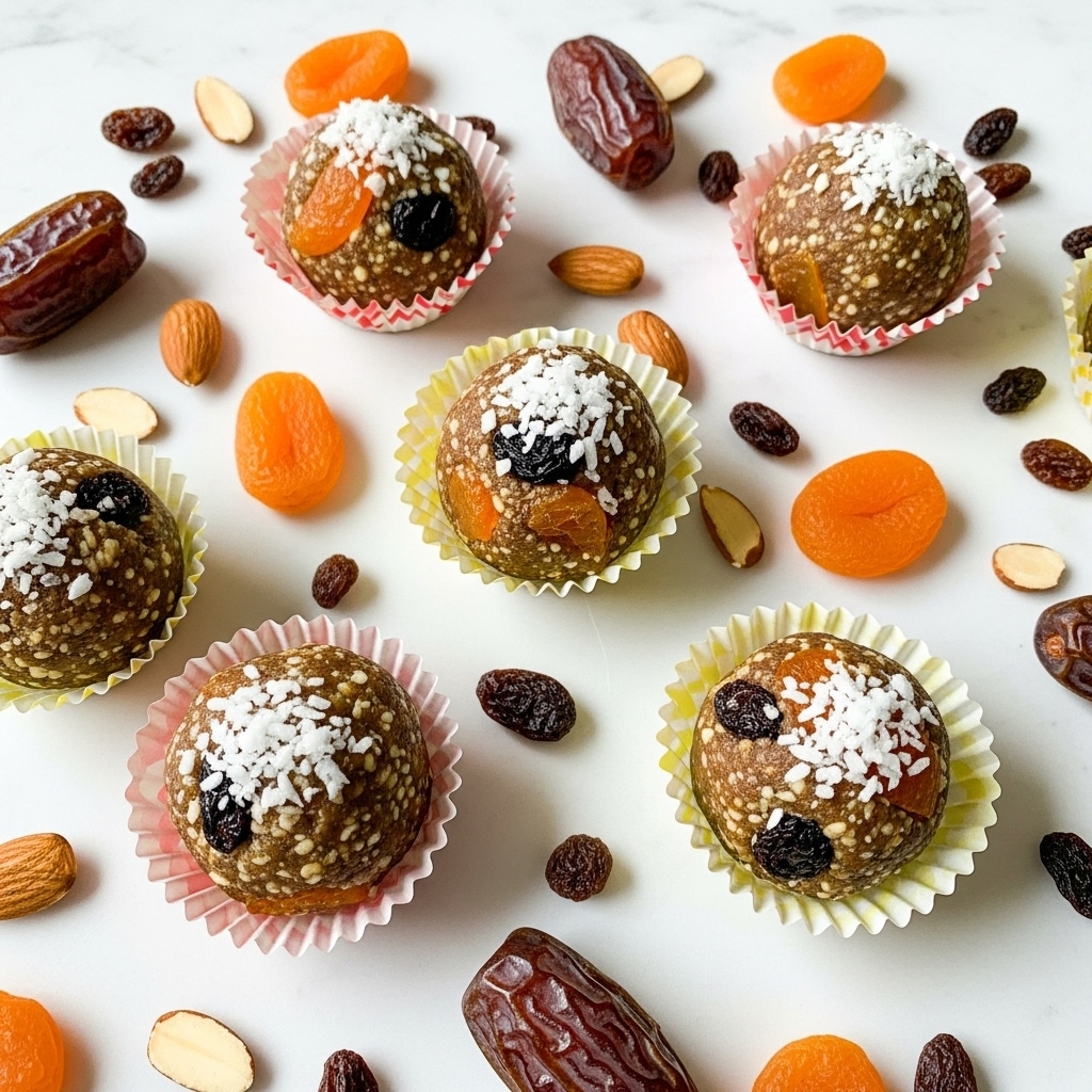 The image shows small round energy bites placed in yellow and red cupcake liners scattered on a white wooden surface with a white marbled texture. Each bite looks textured with visible chunks of dried fruit like apricot pieces, raisins, and small bits of nuts, topped with white shredded coconut on each piece. Around the bites, there are loose slices of almonds, a whole date, dried apricot pieces, and a few raisins adding extra detail to the scene. The bites have a mix of dark brown, orange, and white colors mainly from the fruits and coconut. The overall setting is bright and clean with natural light highlighting the texture and colors of the ingredients. photo taken with an iphone --ar 4:5 --v 7